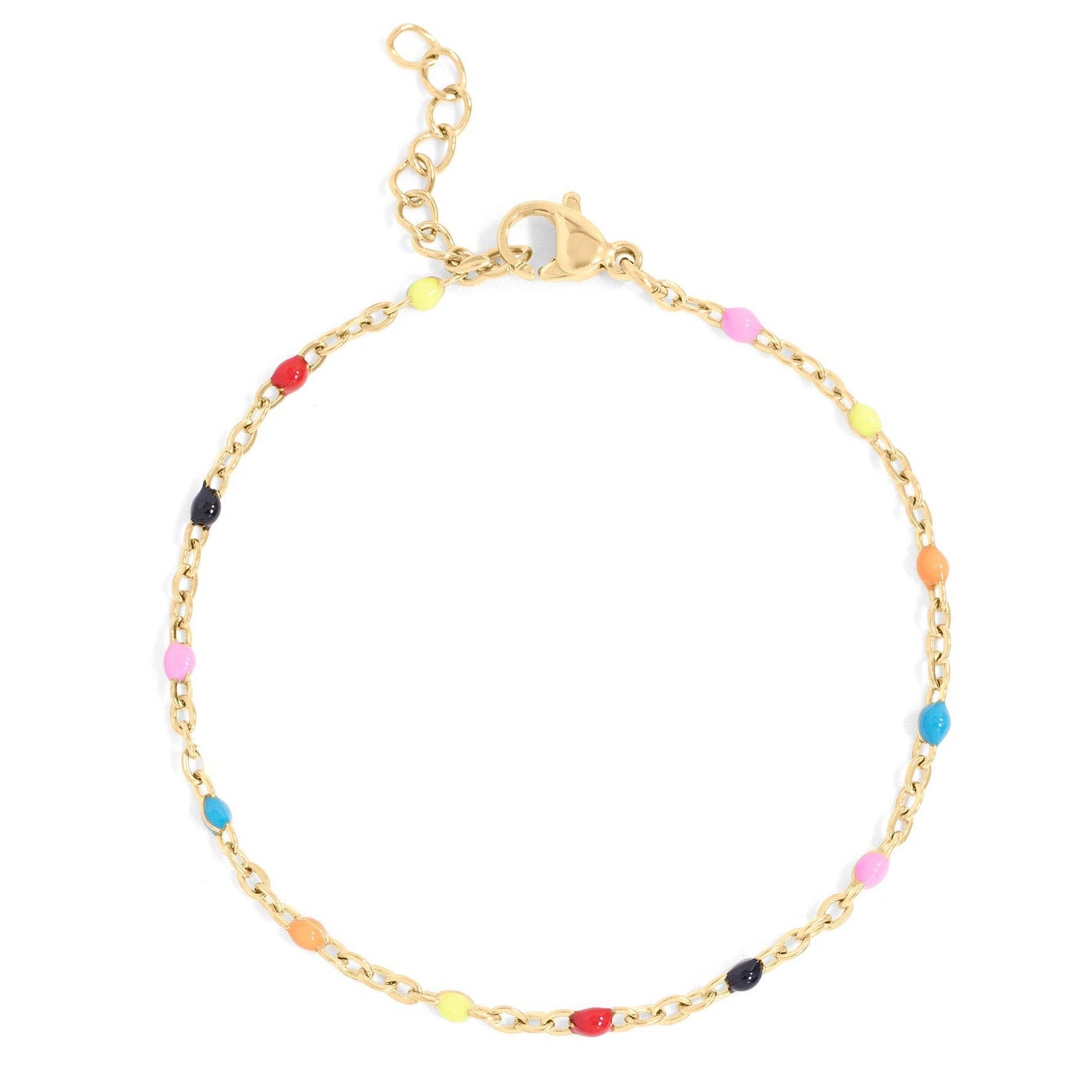 Gold bracelet with colorful beads on a white background