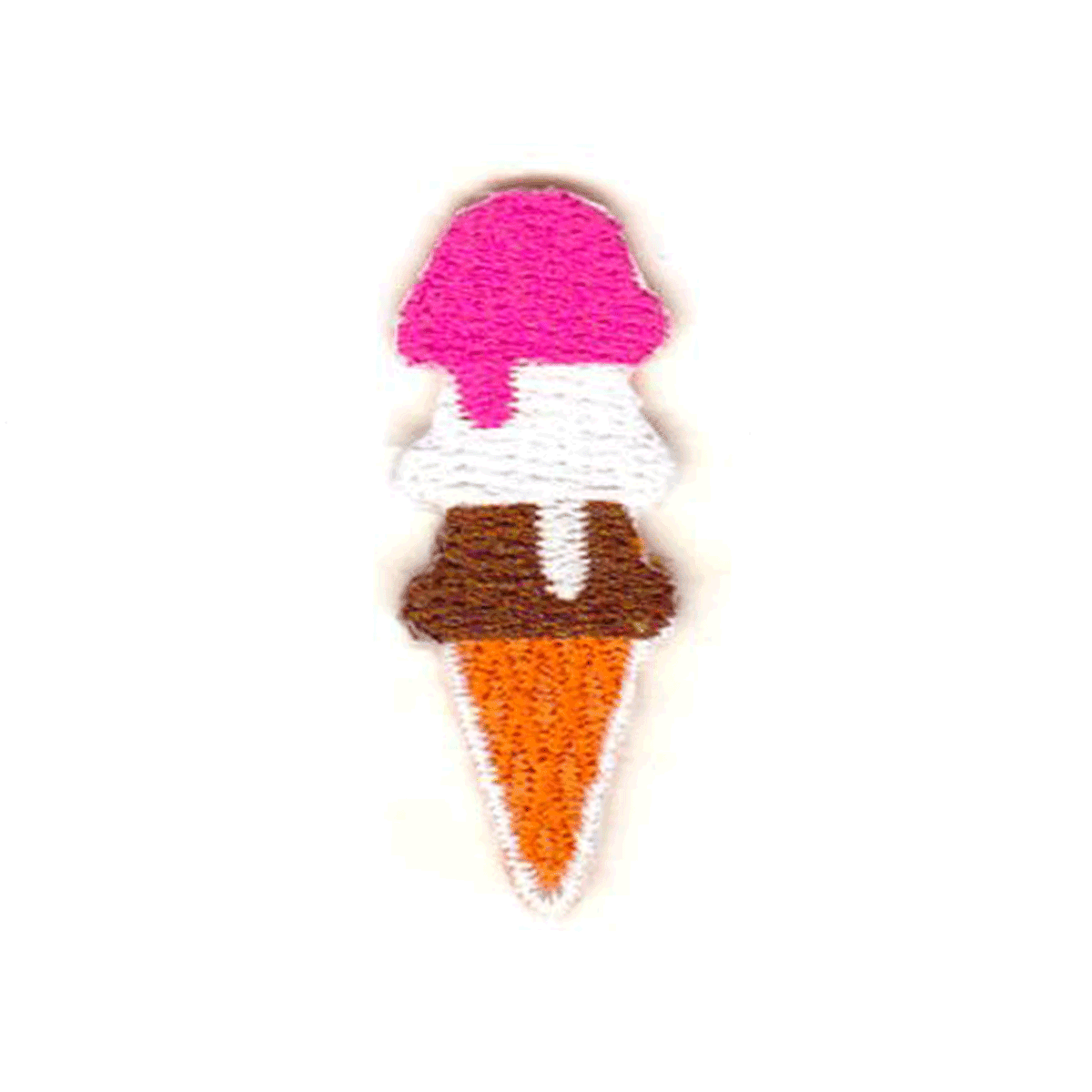 Embroidered patch of an ice cream cone with pink top, white middle, and orange cone on a white background.