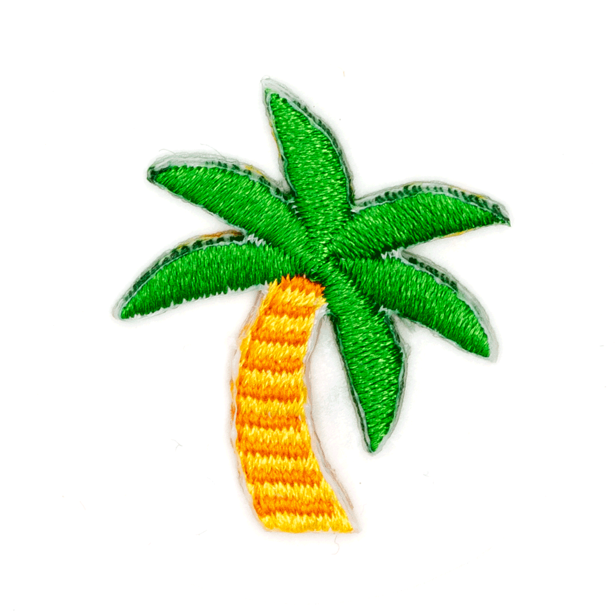 Embroidered patch of a palm tree with green leaves and an orange trunk on a white background