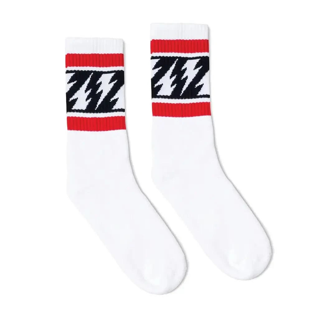 White tube socks with red stripe on top, black stripe with white lighting bolts in middle and red stripe on bottom 