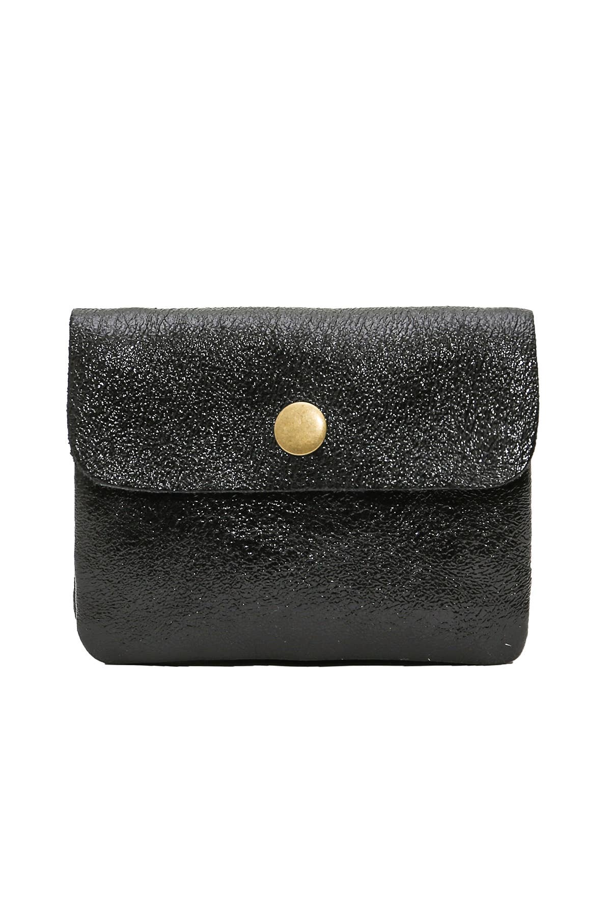 Small black metal wallet with over flap and gold button clasp 