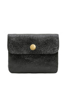 Small black metal wallet with over flap and gold button clasp 