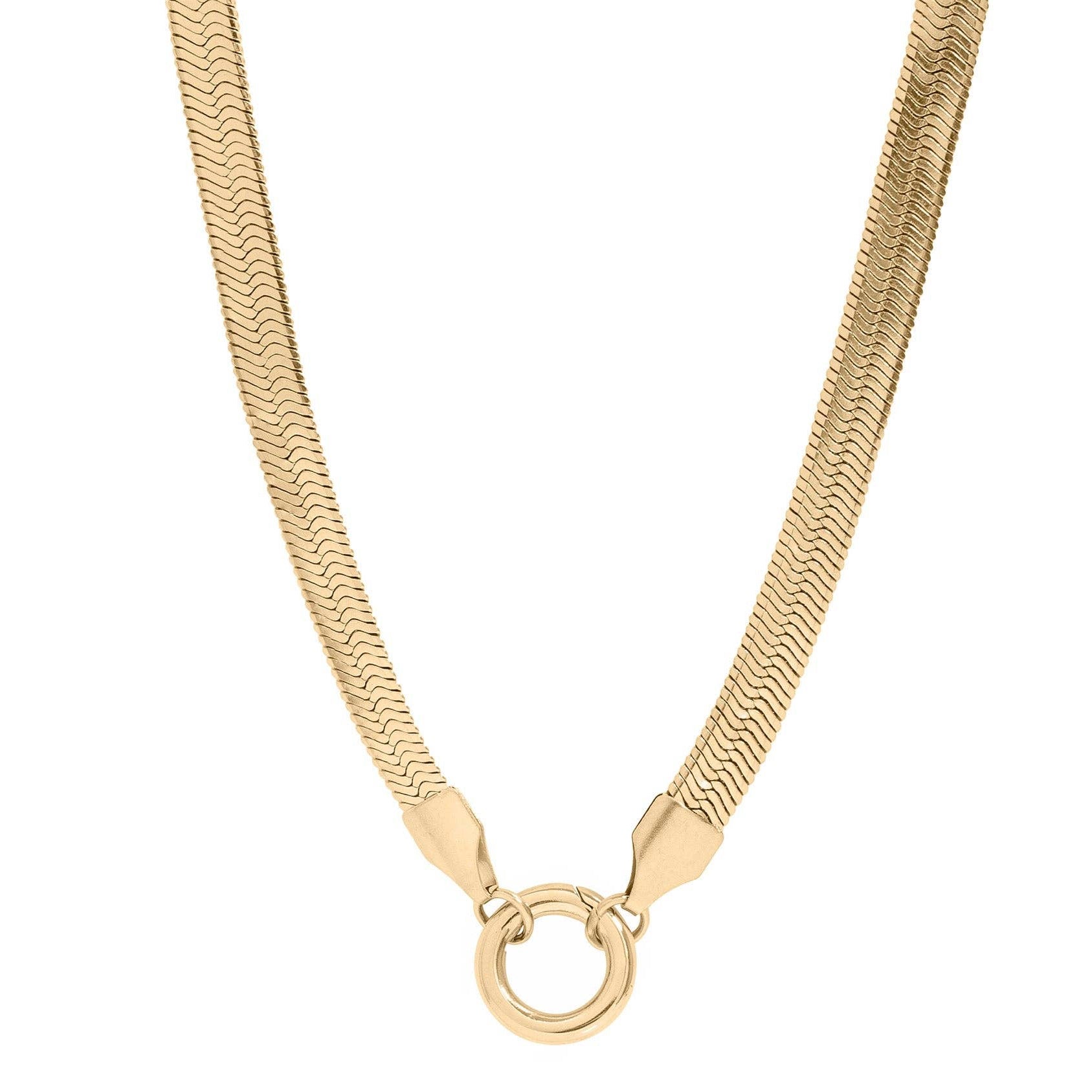Gold chain necklace with a round clasp on a white background