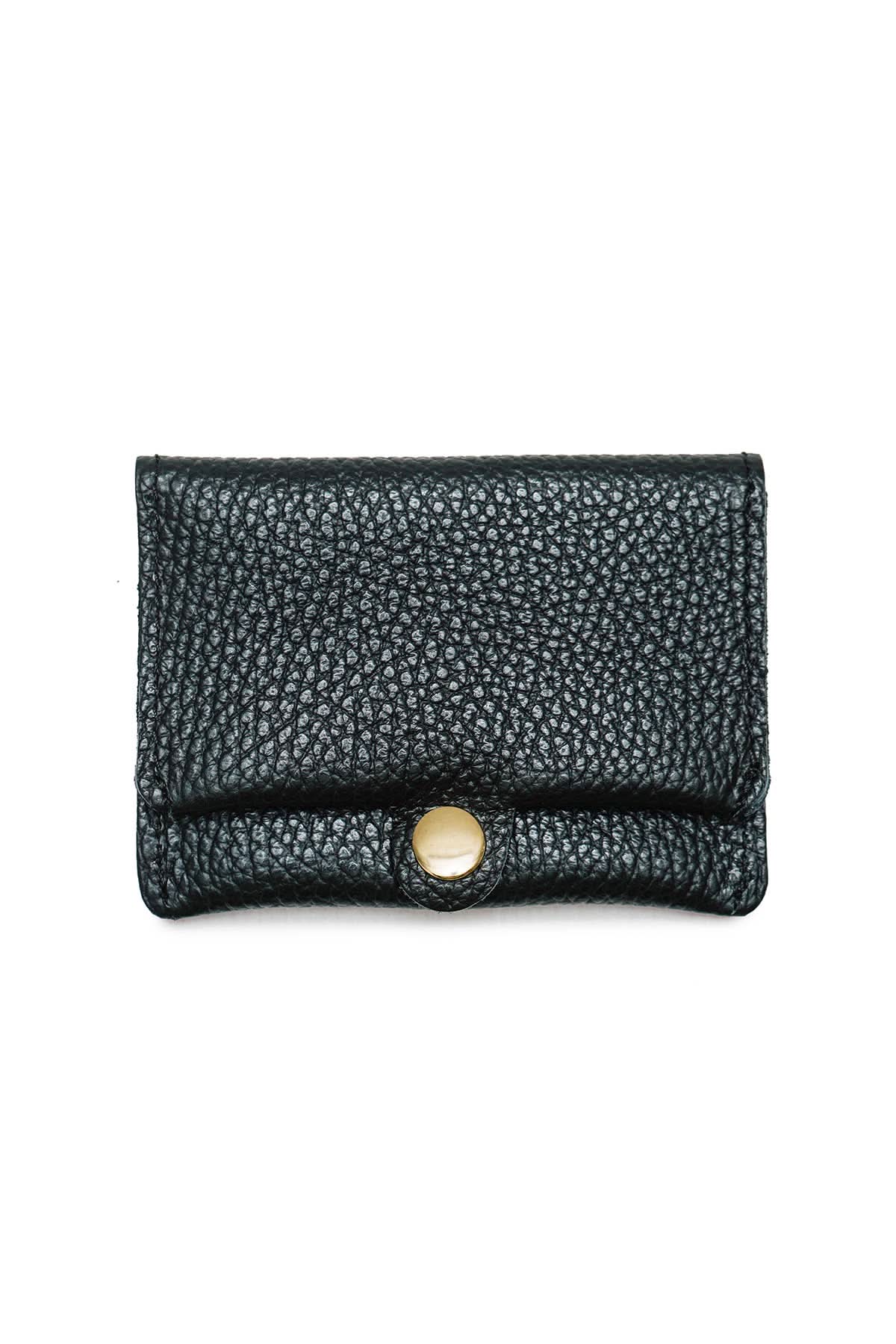 Black Grained cowhide leather card holder with gold Snap button closure