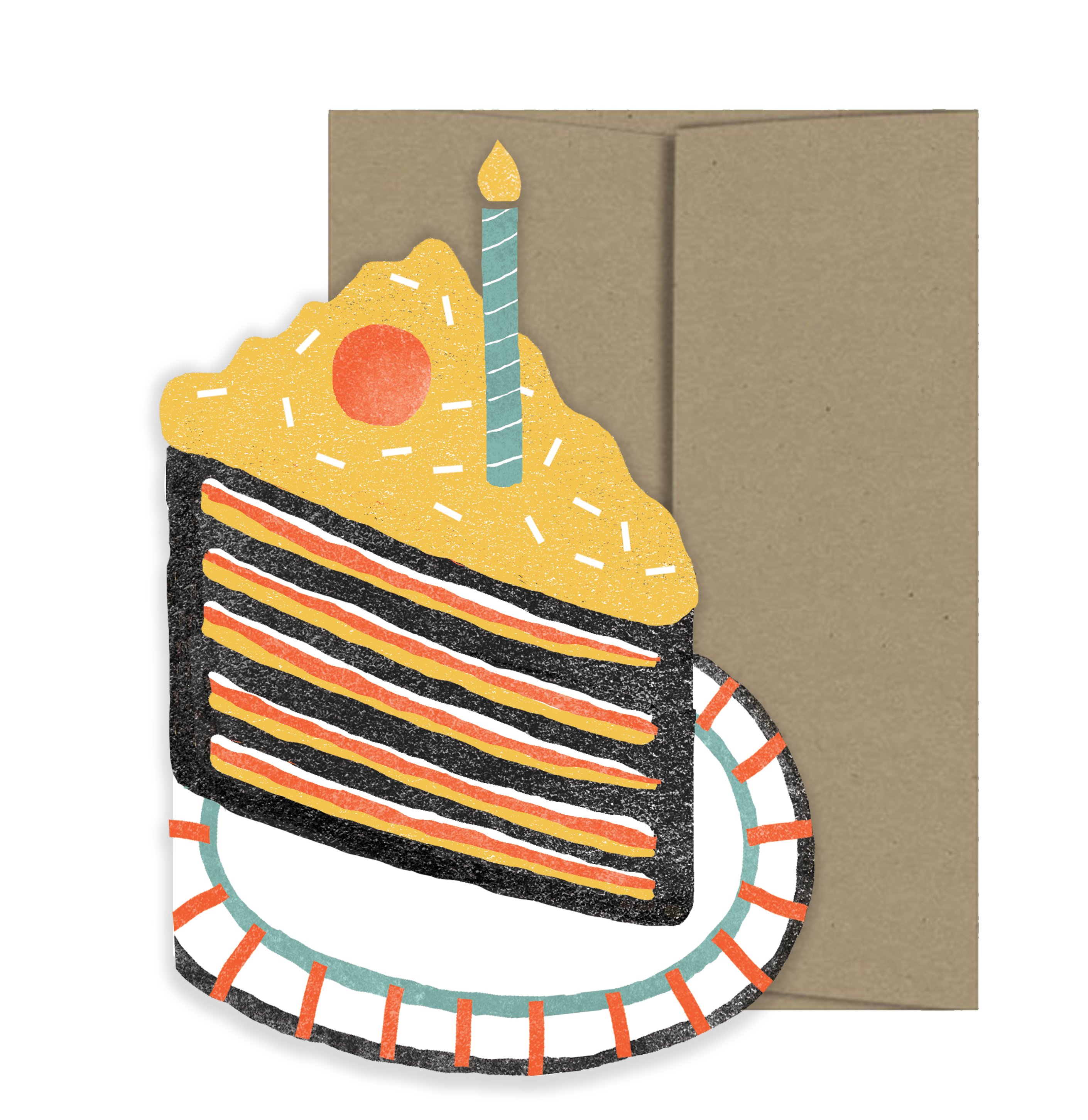 Slide of cake on a plate card with a brown envelope. 