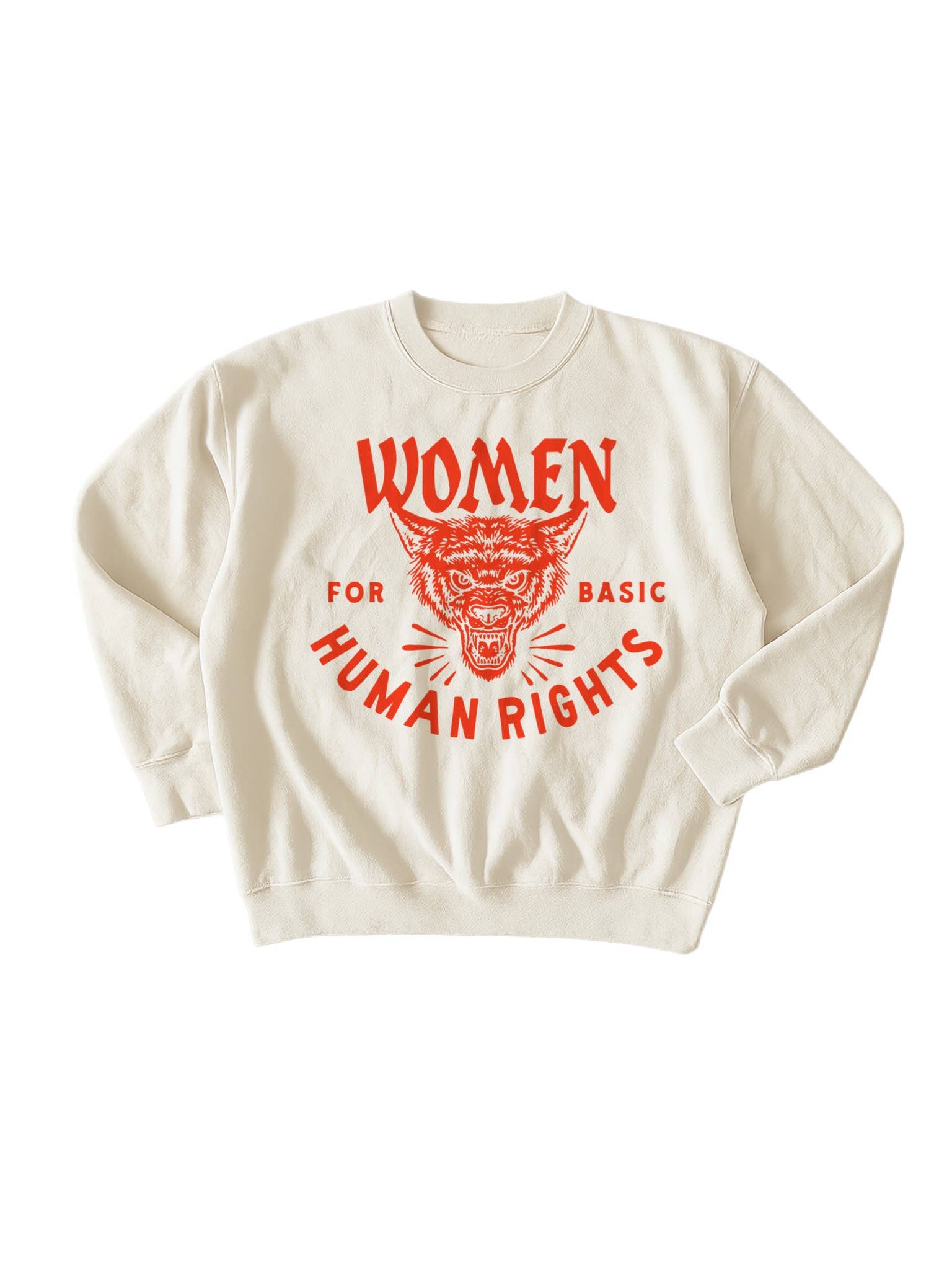 Beige sweatshirt with red graphic and text on a white background