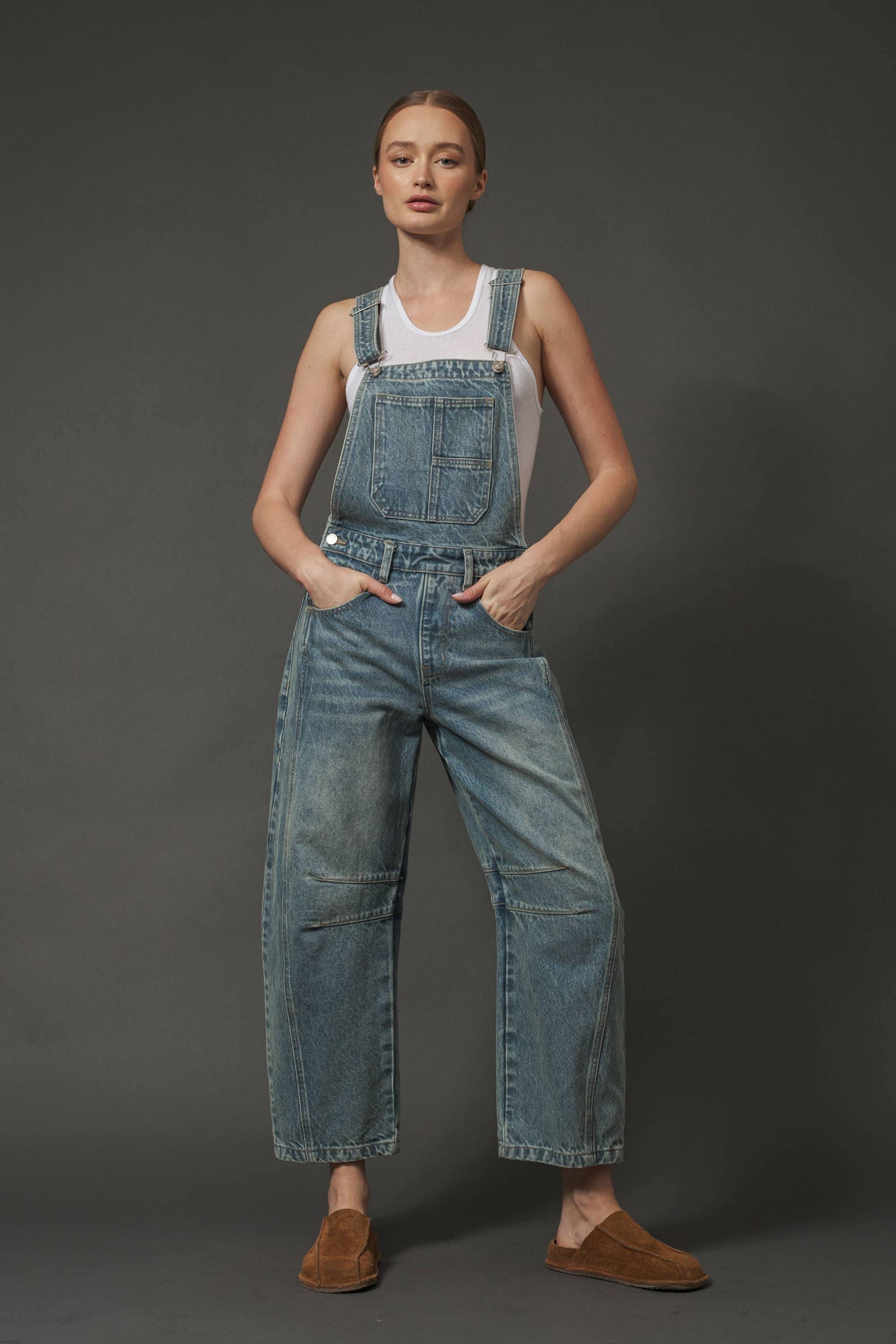 Person wearing blue denim overalls on a dark background
