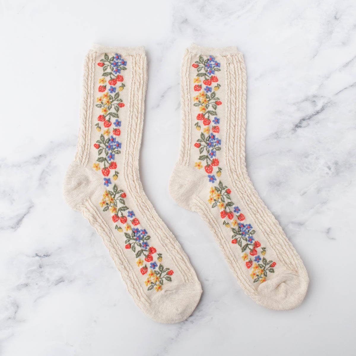 cream vintage style strawberry, flower socks 