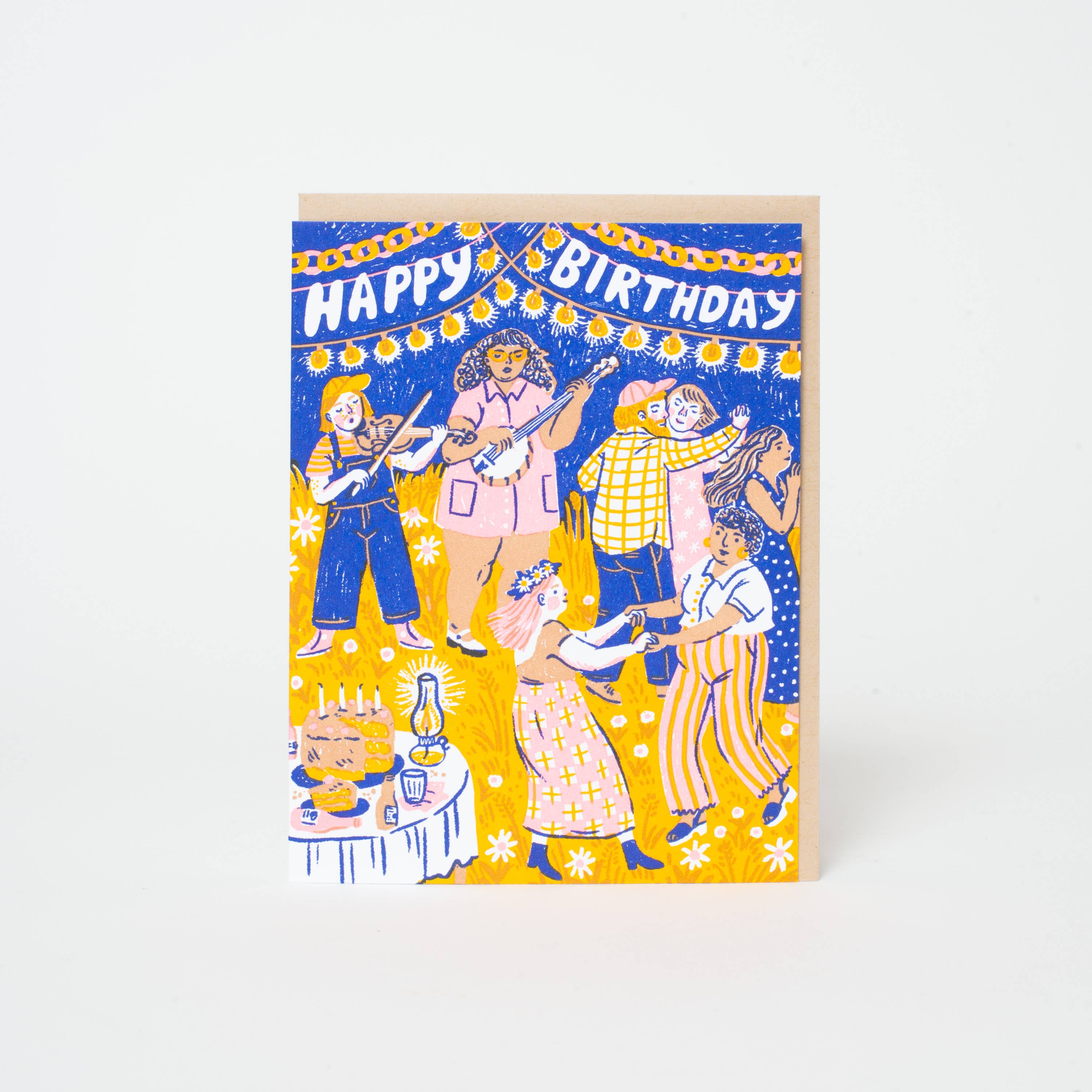Birthday card with colorful illustration of people dancing and celebrating, featuring a 'Happy Birthday' banner.