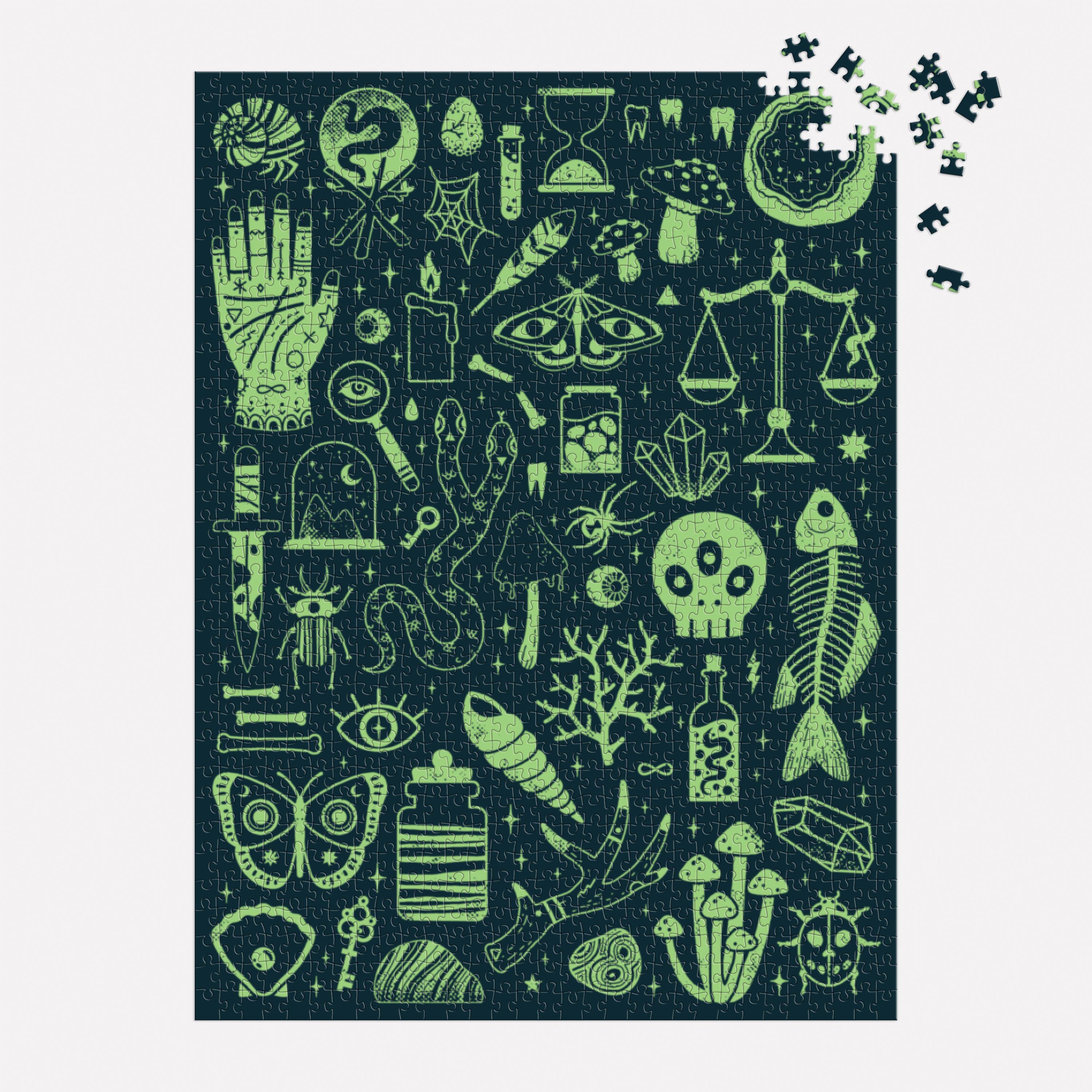 Jigsaw puzzle with green mystical symbols on a dark background