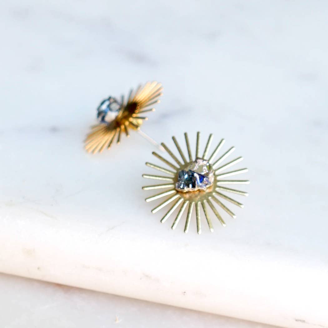 sunburst and stone layered gold earrings 