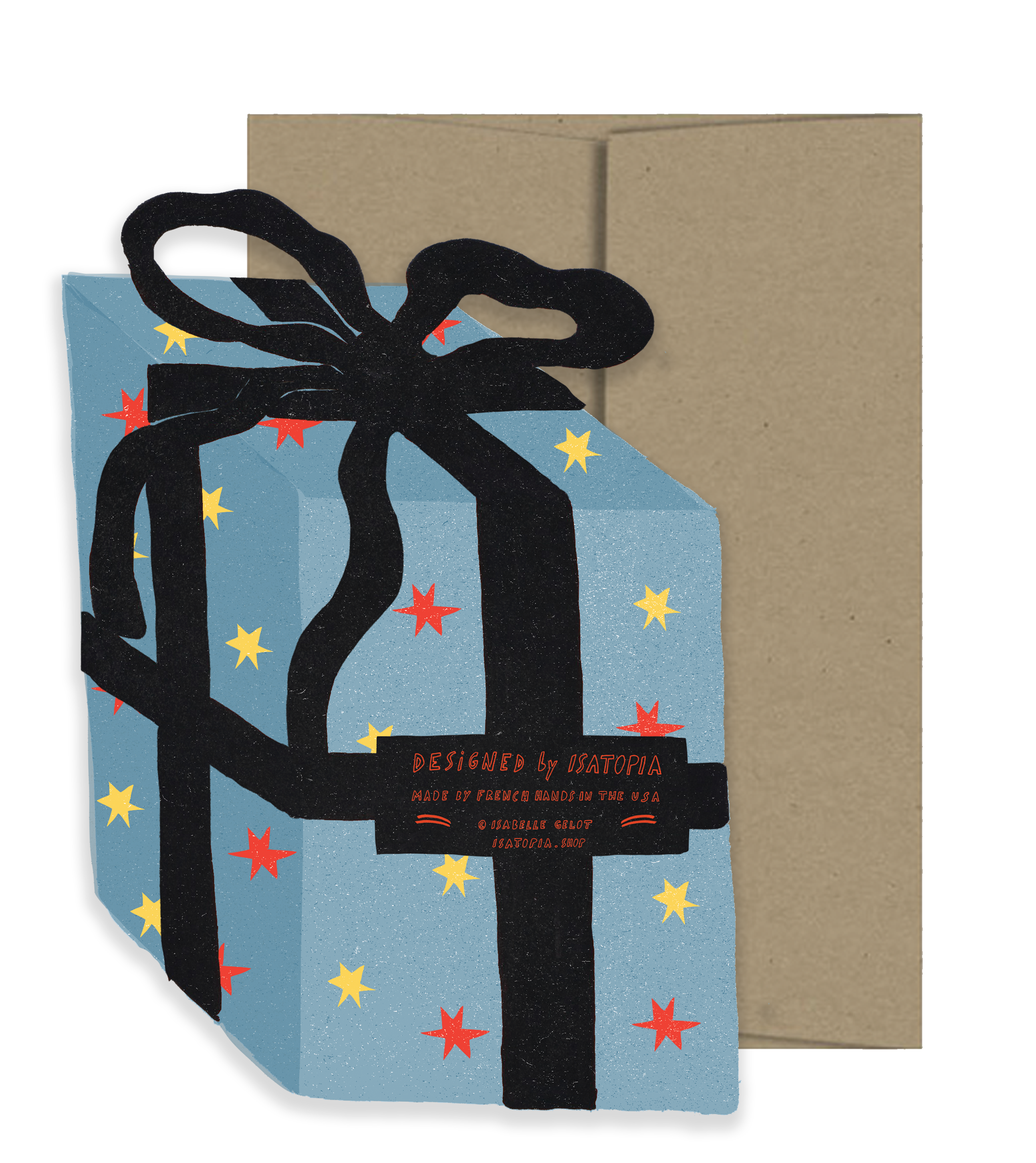 Greeting card with a blue present design and black ribbon on a white background