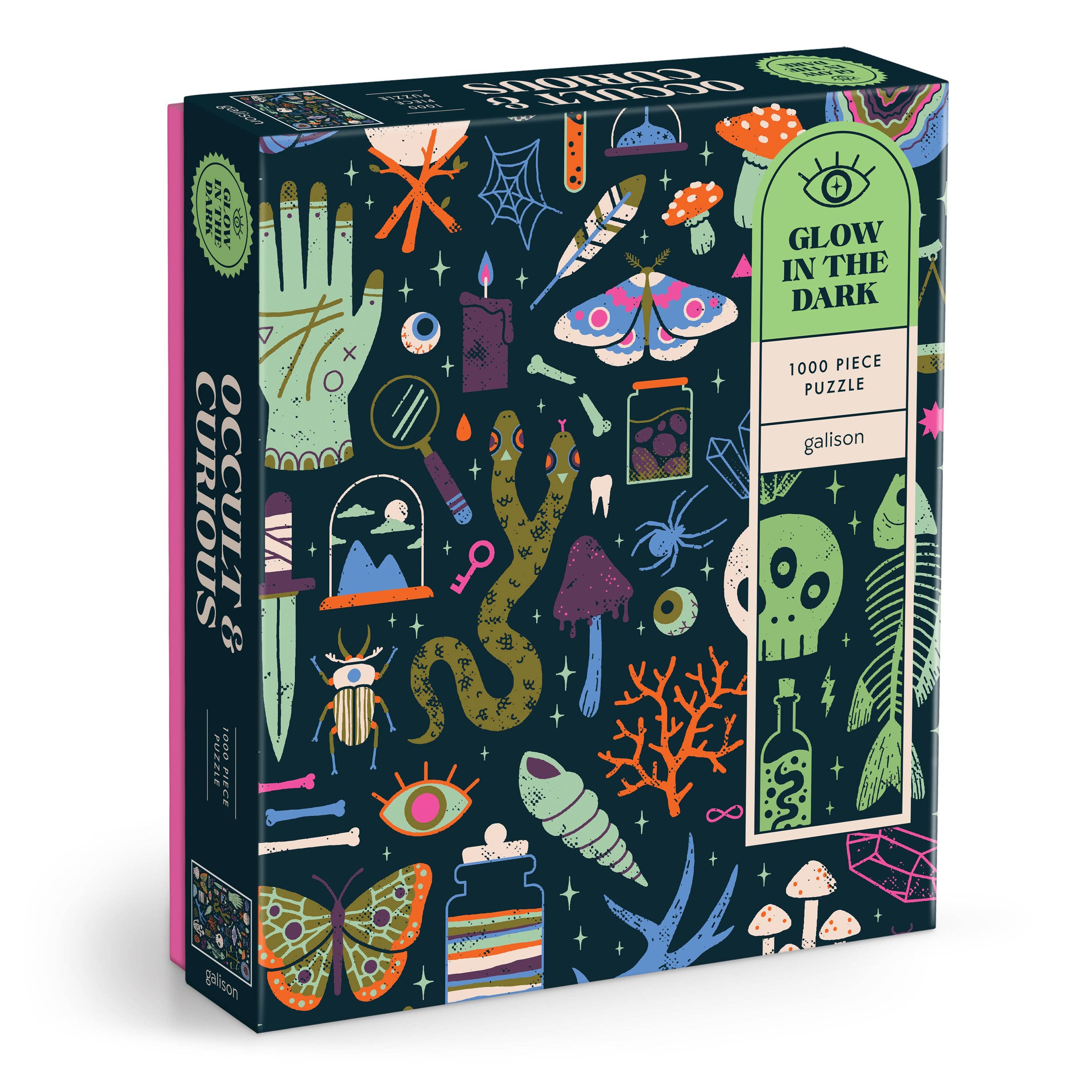 A 1000-piece jigsaw puzzle box titled 'Glow in the Dark' by Gailison. The box features a dark navy blue background decorated with whimsical, colorful illustrations of occult and nature motifs, including a green snake, a pink moth, a skull, and a green eye.