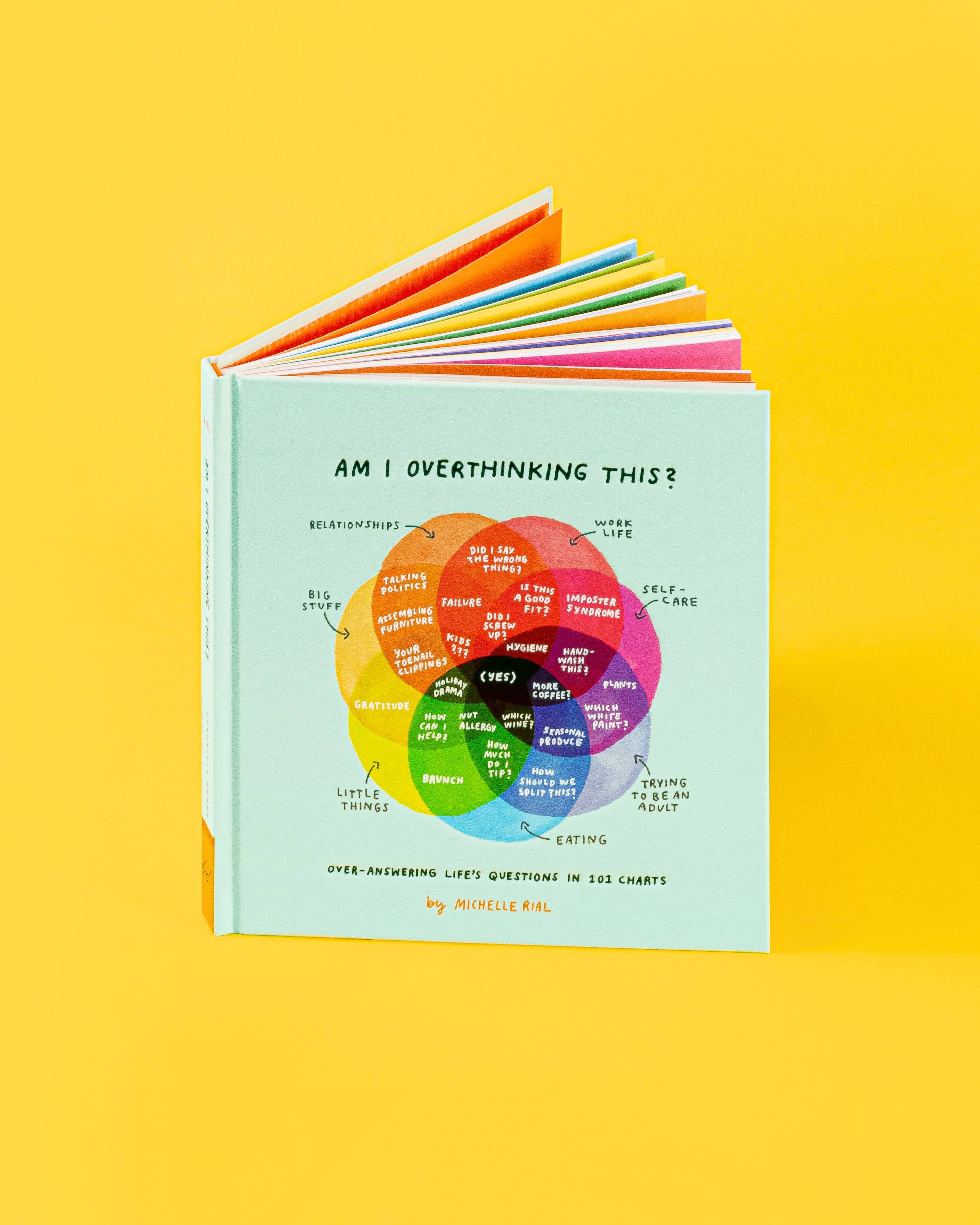 Children's book titled 'Am I Overthinking This?' with colorful design on a yellow background
