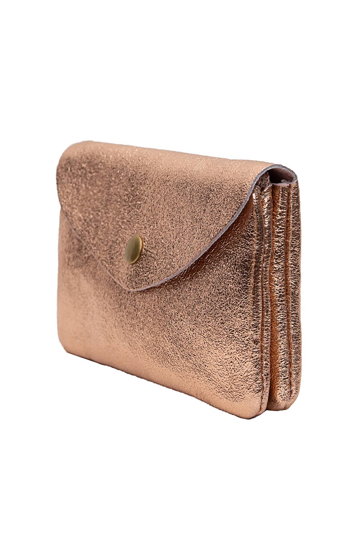 A metallic rose gold clutch wallet with a flap closure and a small gold snap button, shown on a plain white background.