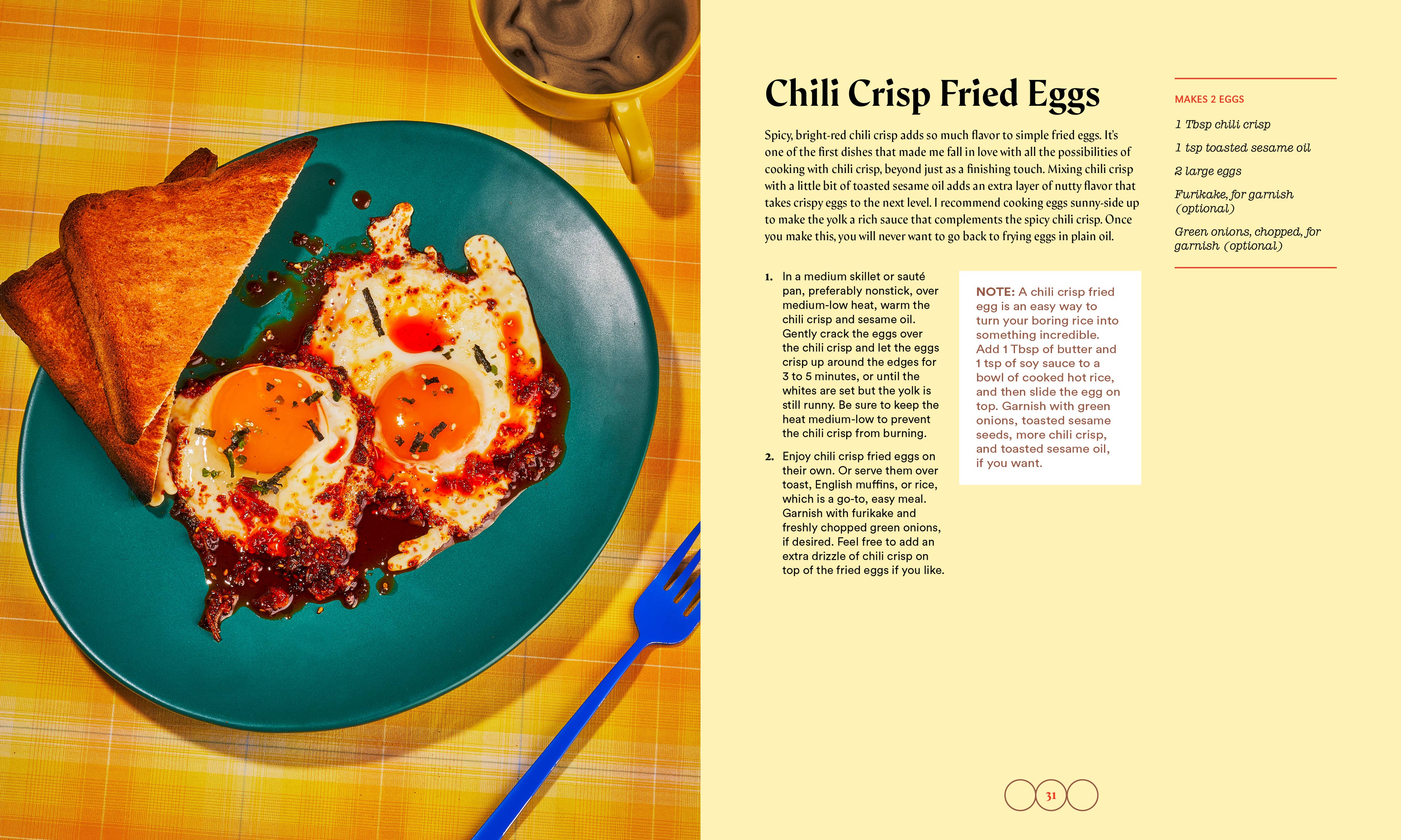 Plate of chili crisp fried eggs with toast on a yellow tablecloth, accompanied by a recipe card.