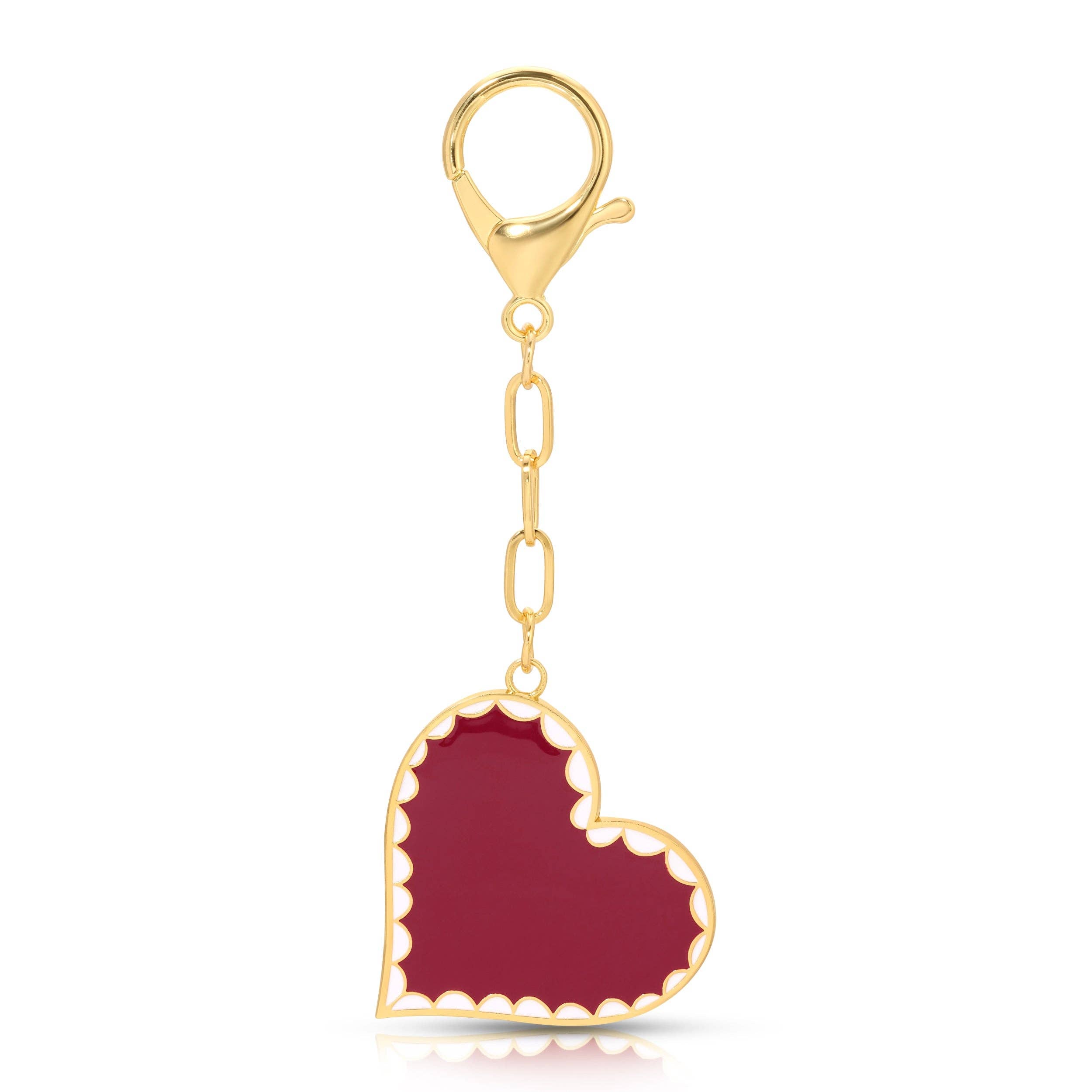Hand painted enamel red heart bag charm with scalloped white and gold outline detail with gold chain and big lobster clip 
