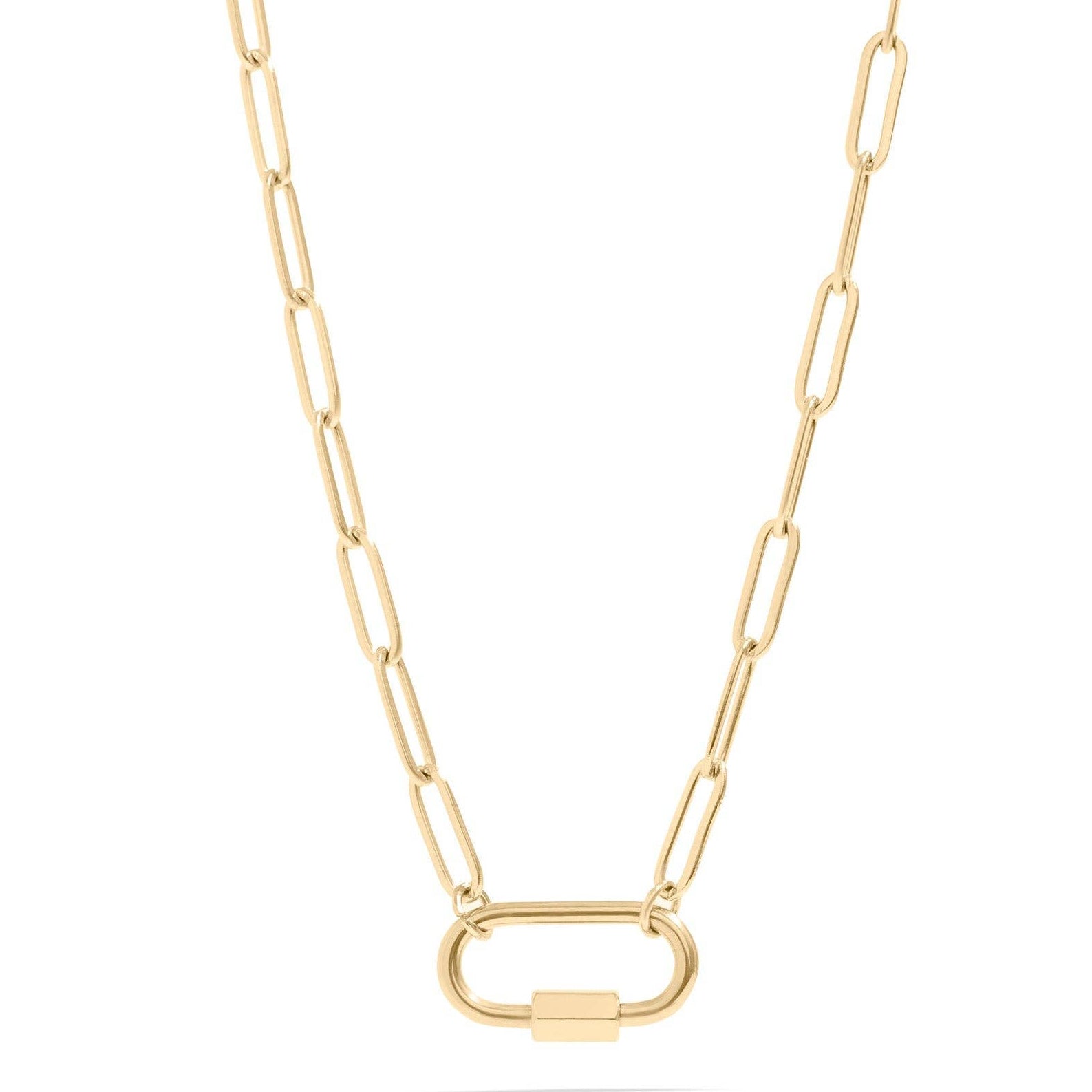 Gold chain necklace with a lock clasp on a white background