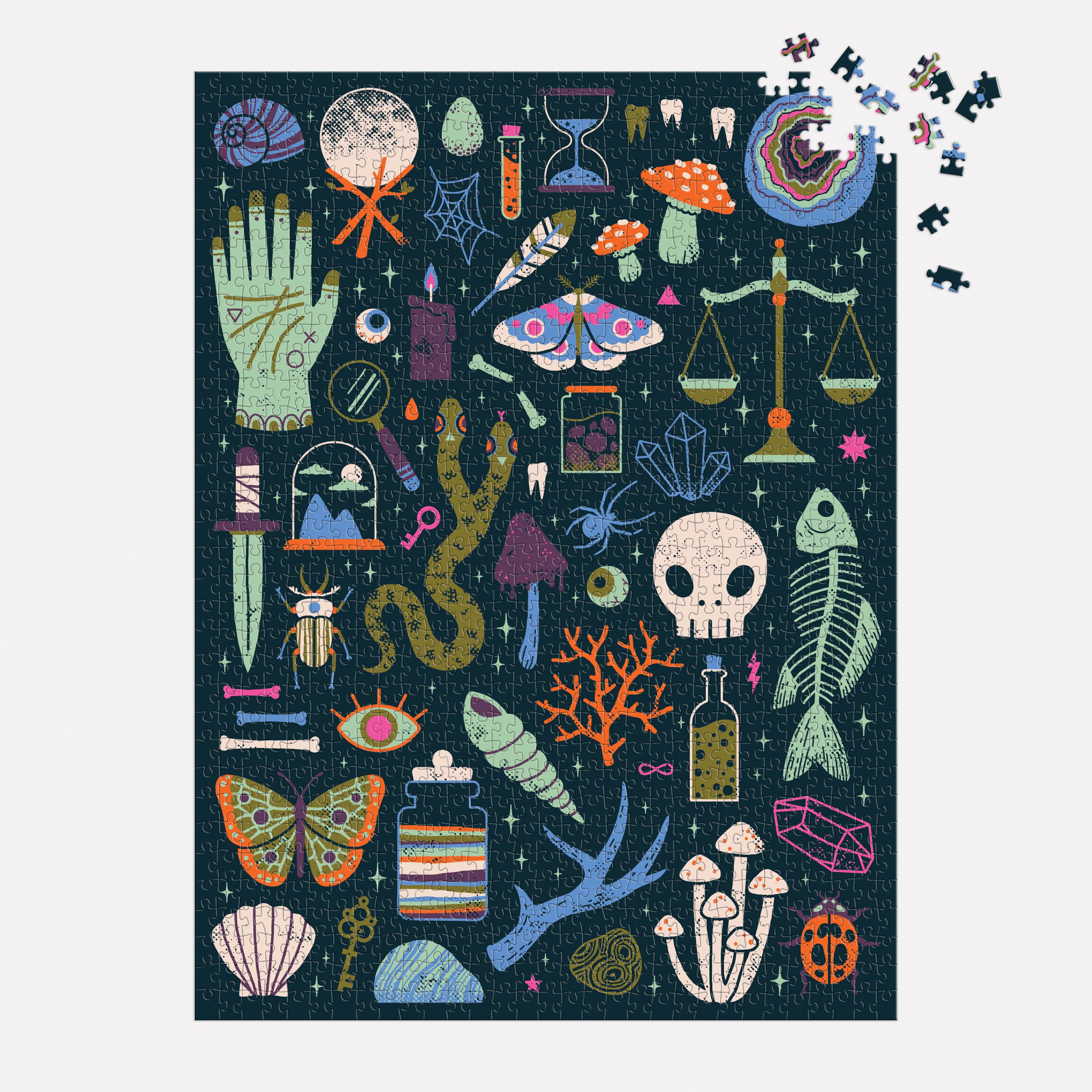 Jigsaw puzzle with mystical and nature-themed illustrations on a dark background