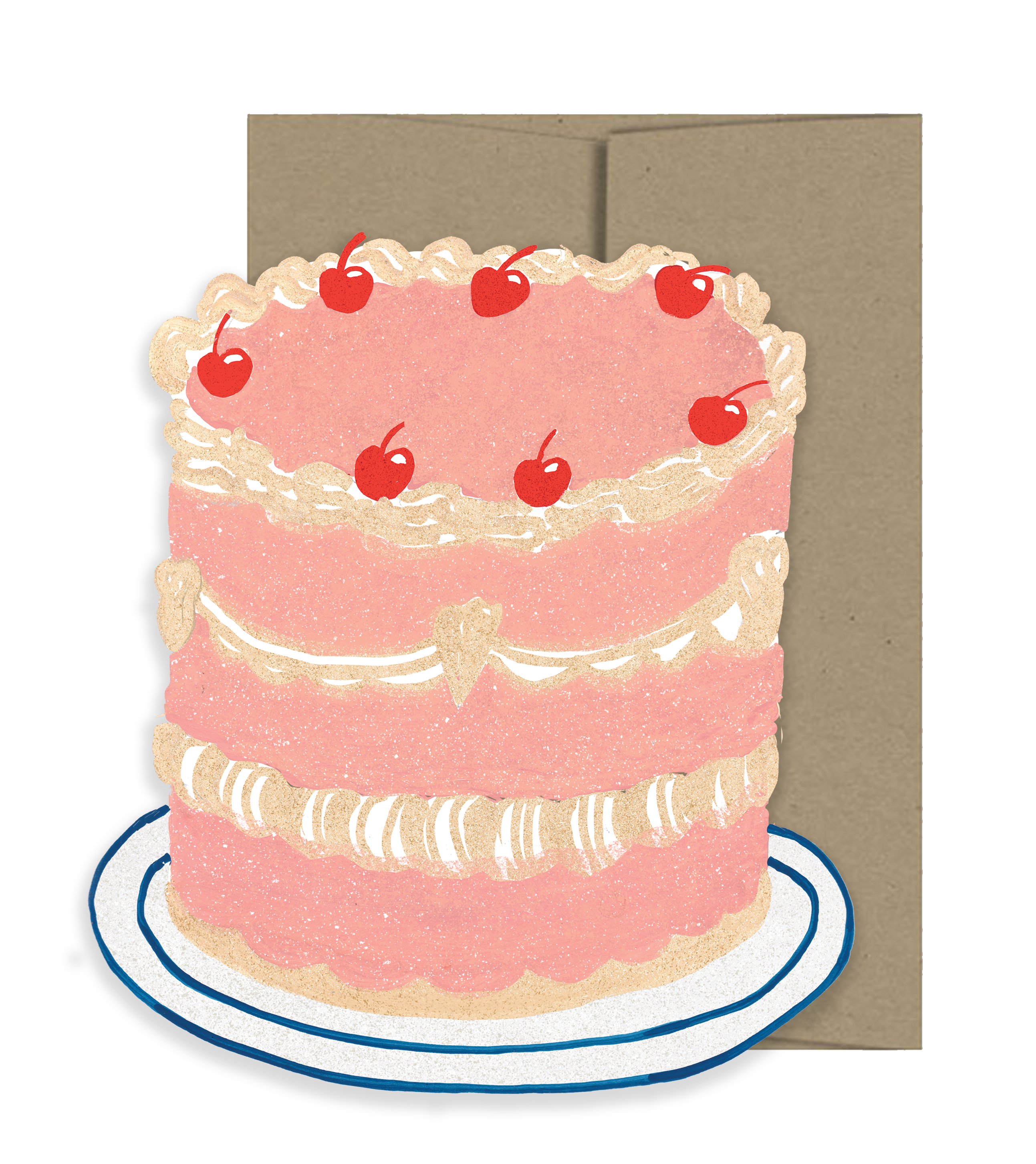 Light pink three layer cake with cherries on top card with a brown envelope. 