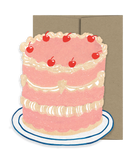 Light pink three layer cake with cherries on top card with a brown envelope. 