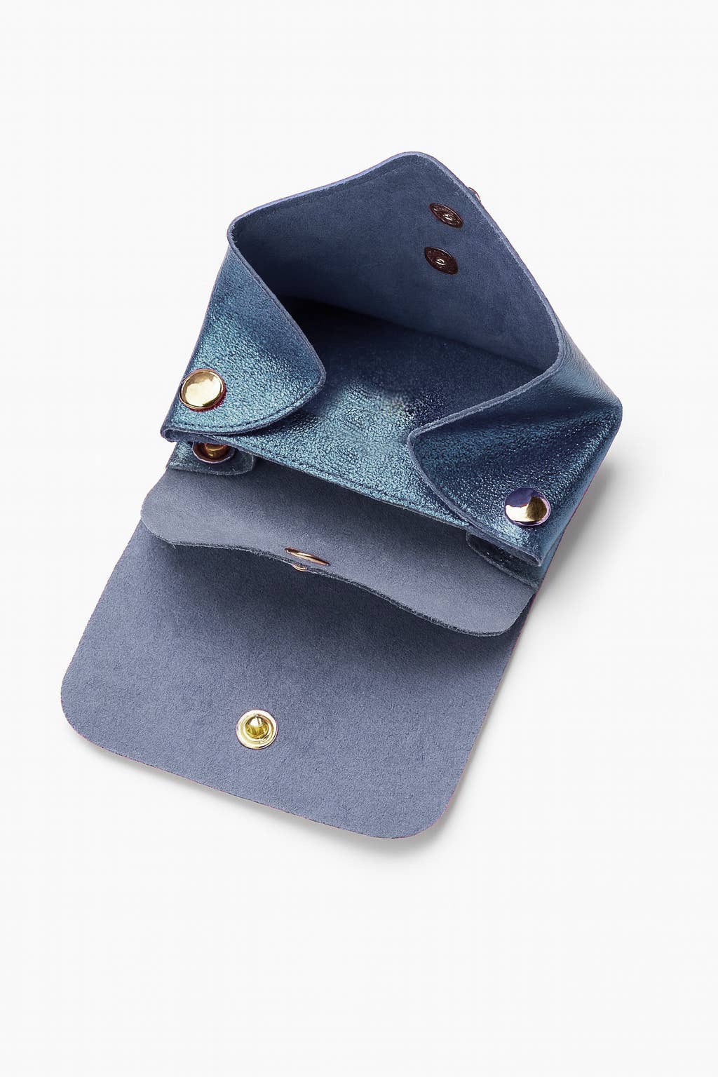 Blue leather pouch with gold buttons on a white background