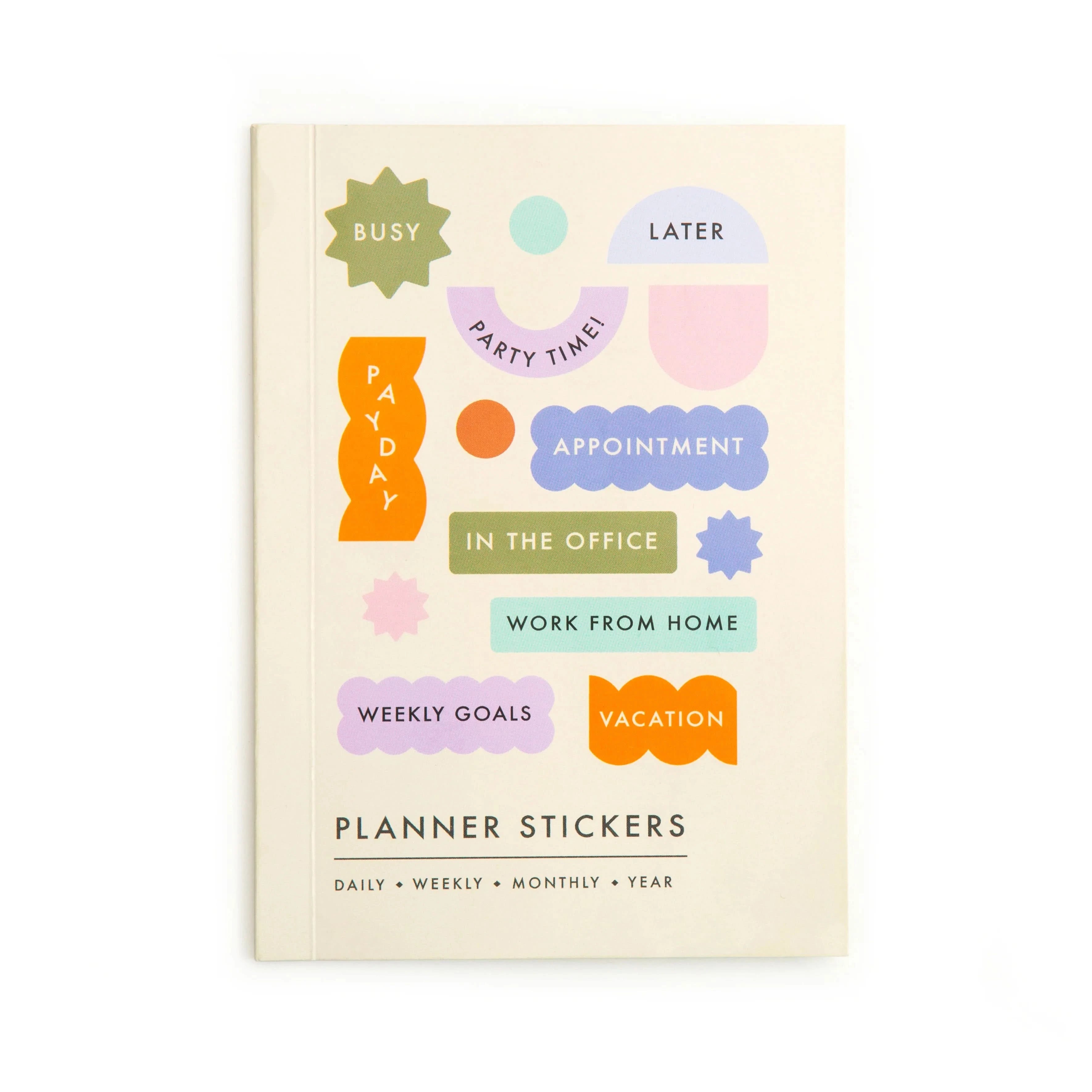 Booklet of Planner stickers for daily, weekly, monthly, yearly. Booklet laying on white background 