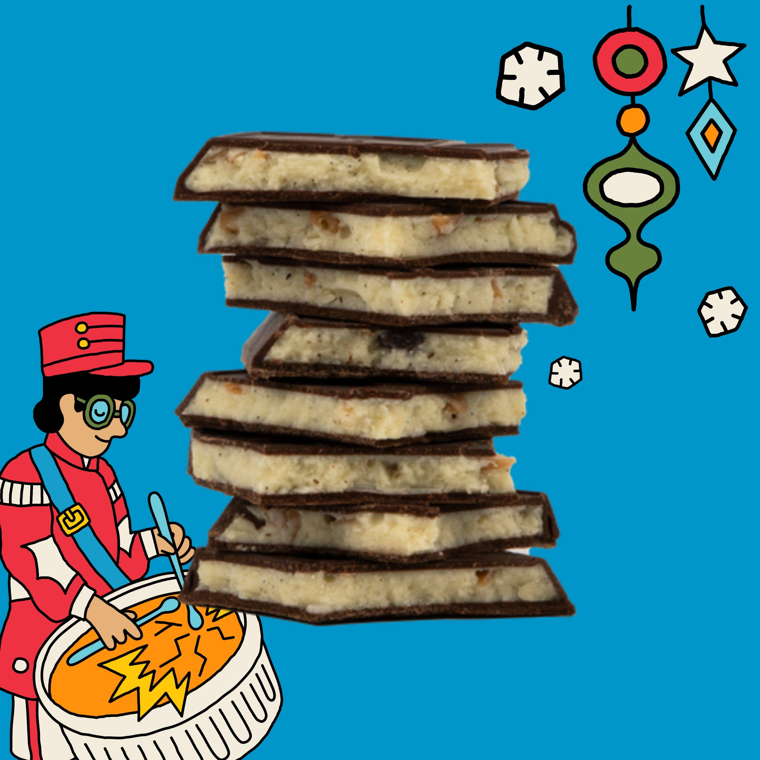 Cartoon character in a red uniform playing a drum next to a stack of cookies on a blue background with decorative elements.