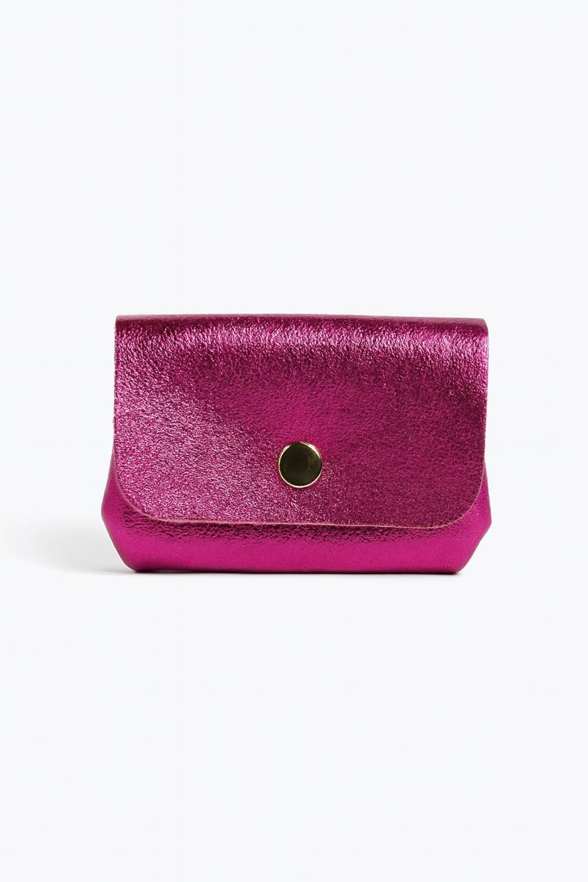 Pink metallic wallet with a gold button on a white background
