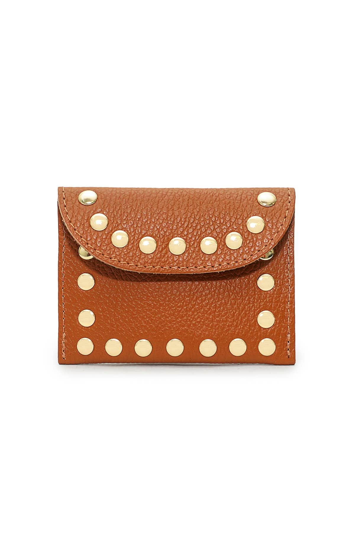 Chestnut brown flap wallet with gold embellishes outlining the wallet