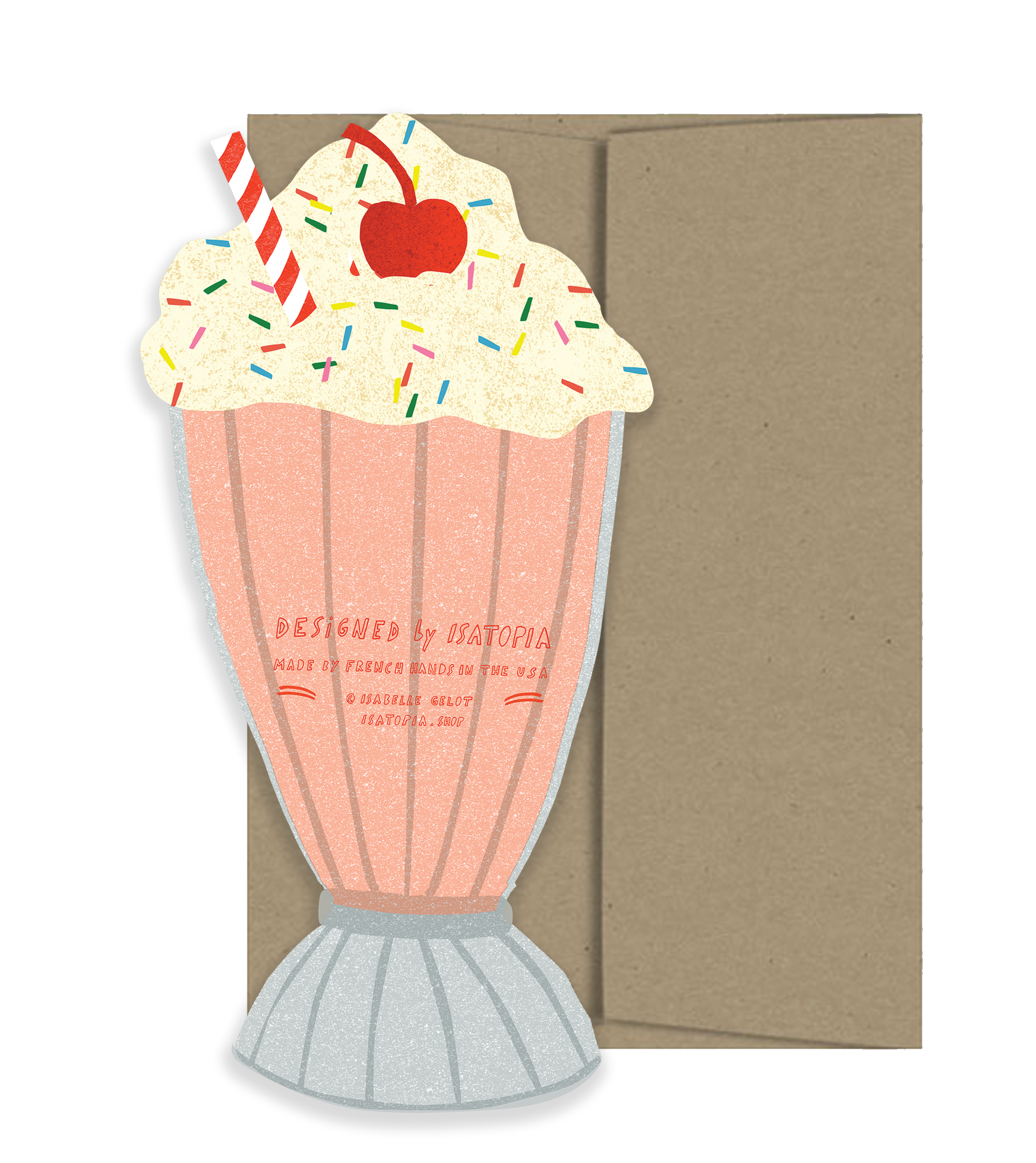 Card with a design of a pink ice cream cone with a cherry on top and sprinkles, on a white background.
