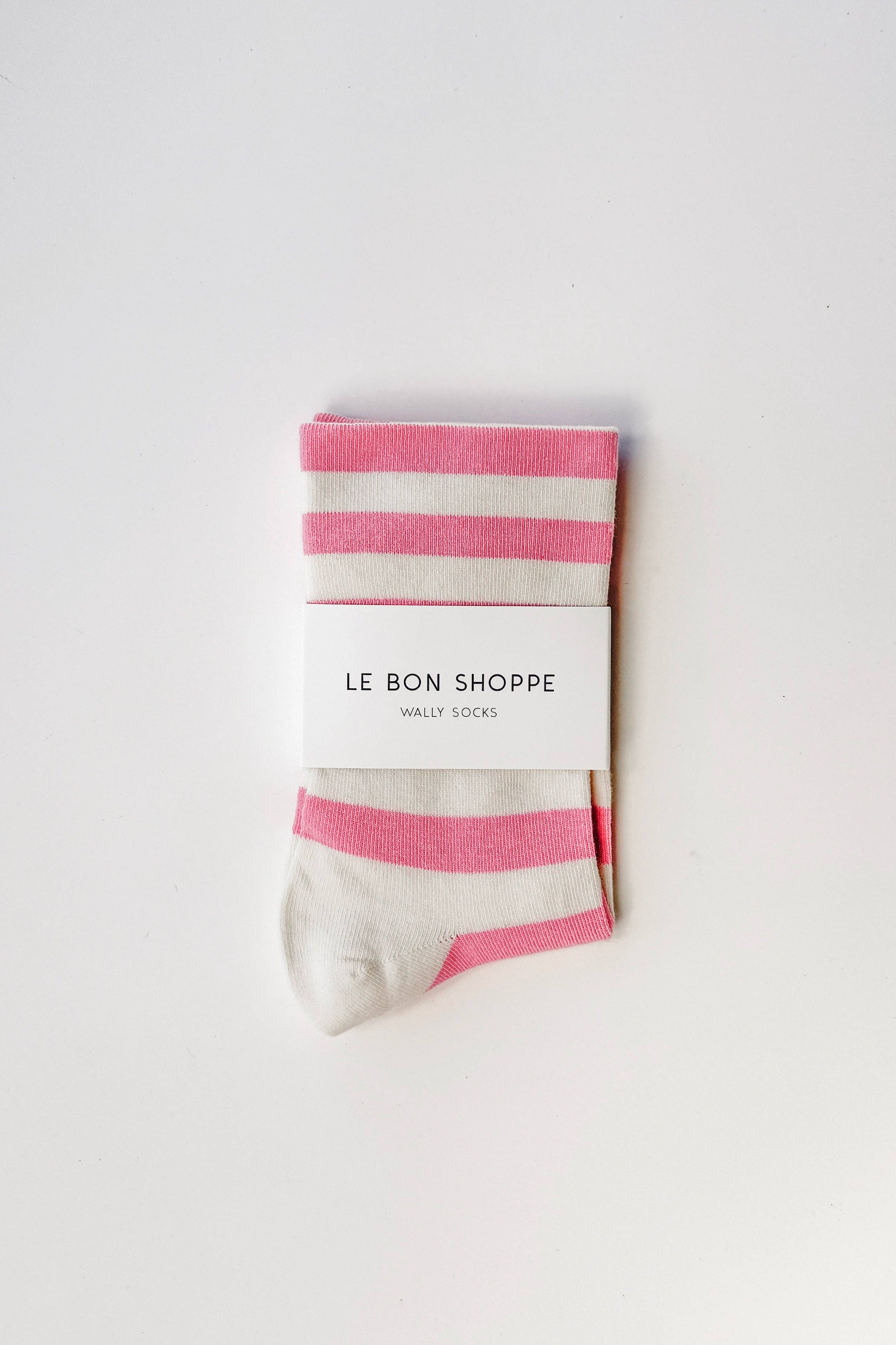 Pack of pink and white striped socks with 'Le Bon Shoppe' branding on a light gray background