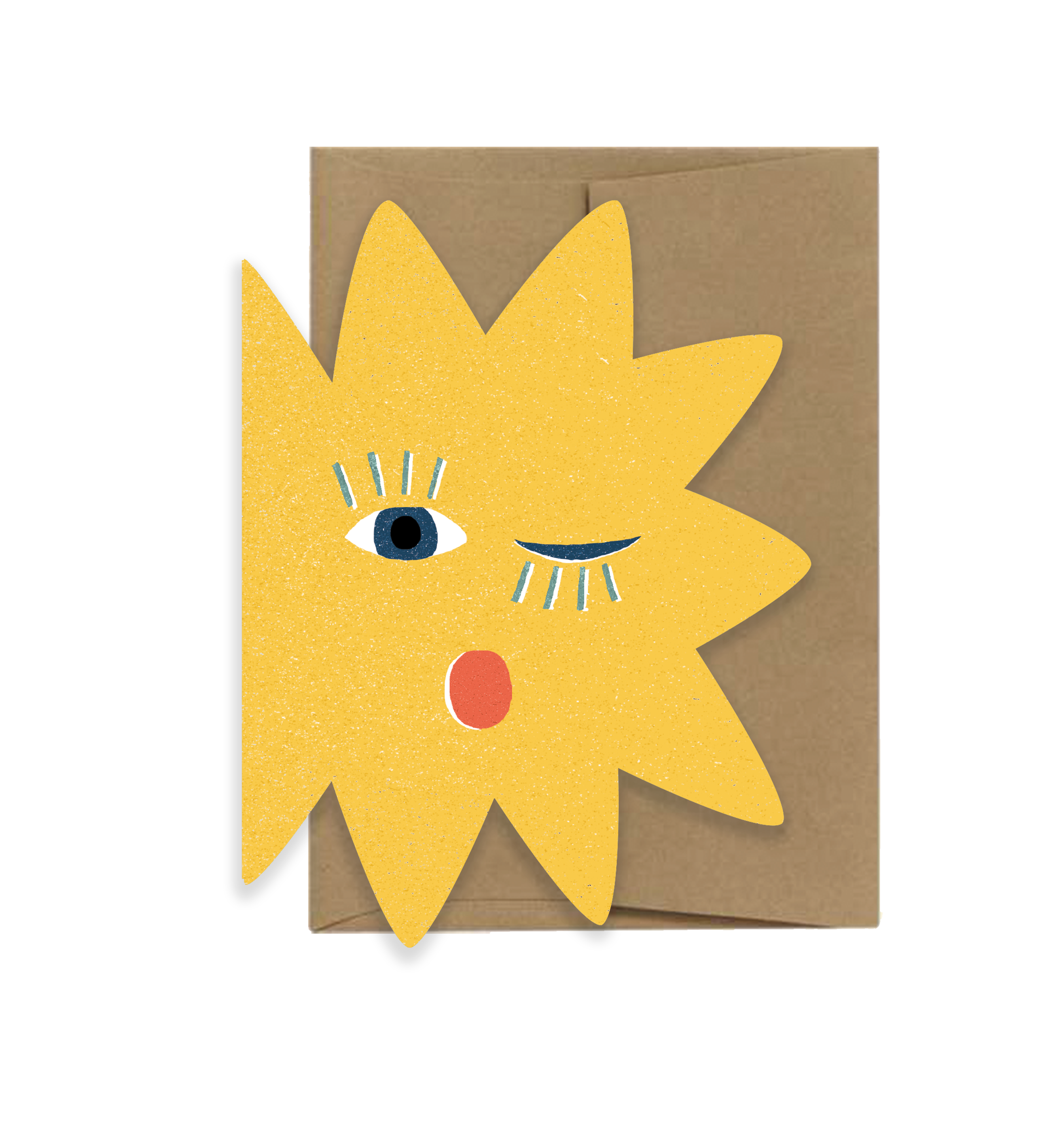 Yellow star winking card with a brown envelope. 
