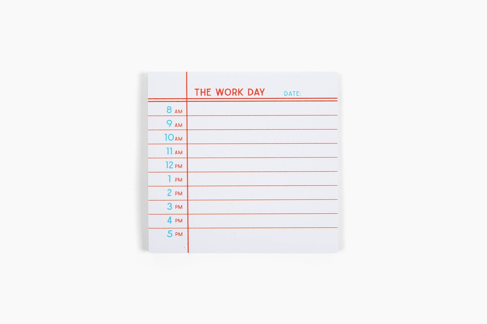Scheduler pad with time slots for 'The Work Day' on a white background