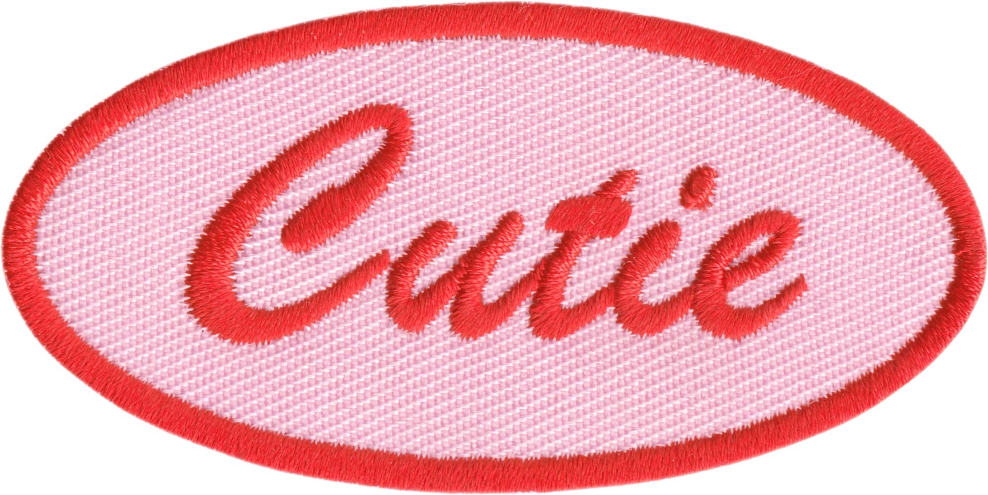 Embroidered patch with 'Cutie' text on a pink background