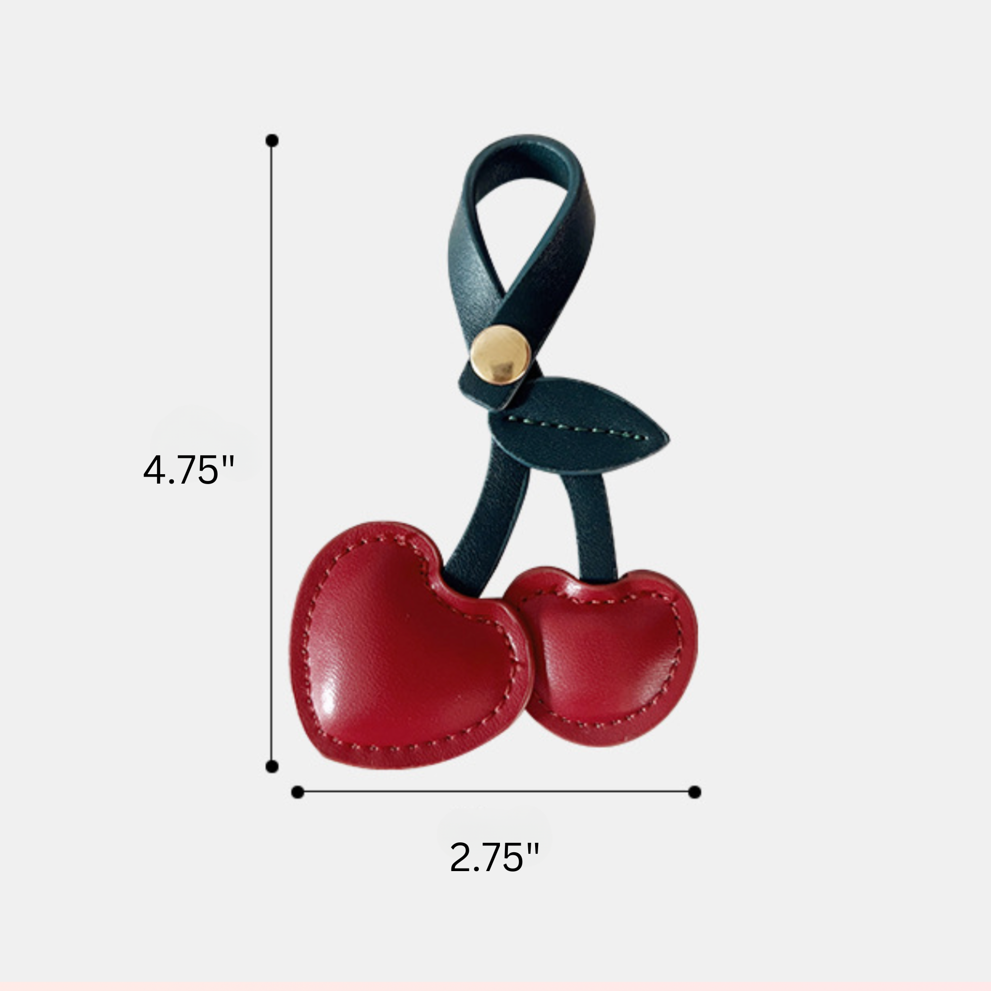 Measurement of red Cherry bag charm with black leaf and looped stem and gold button clasp