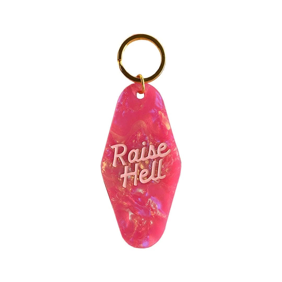 Hot pink Raise Hell motel keychain