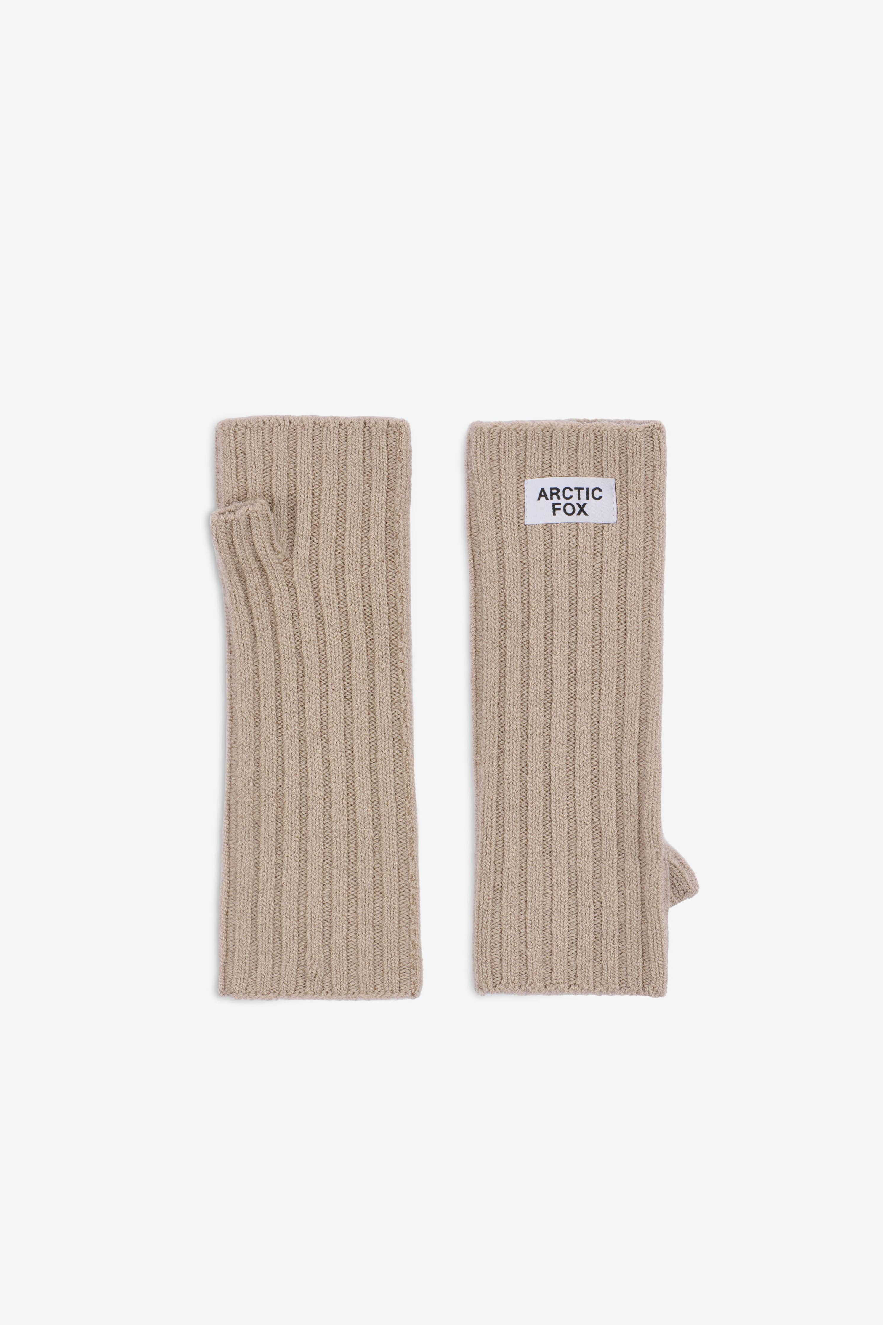 Pair of beige ribbed arm warmers with a brand label on a white background