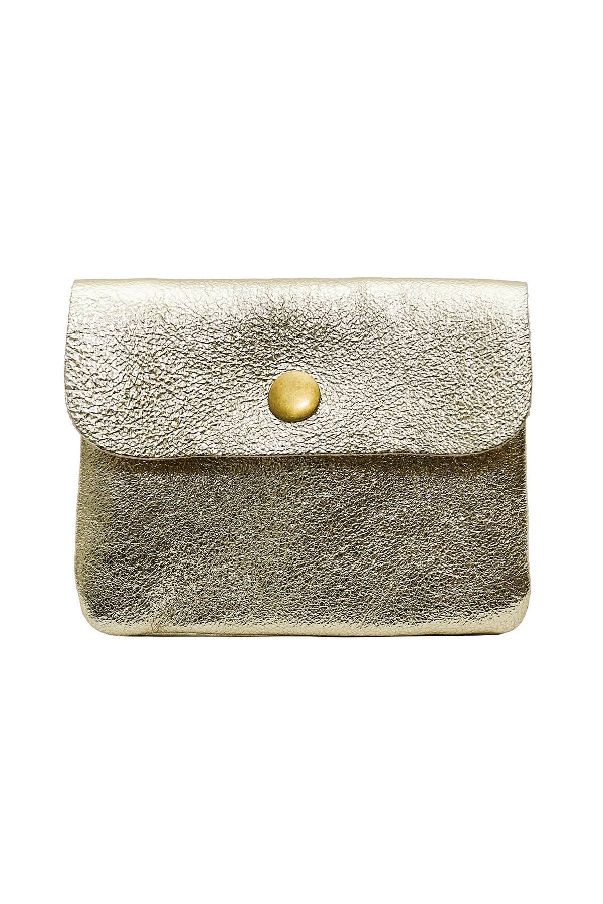 Small Gold metal wallet with over flap and gold button clasp 