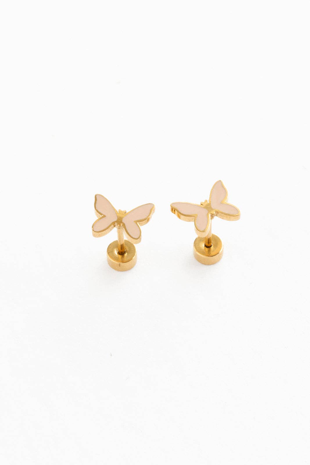 Pink butterfly, gold material, flat back earrings 