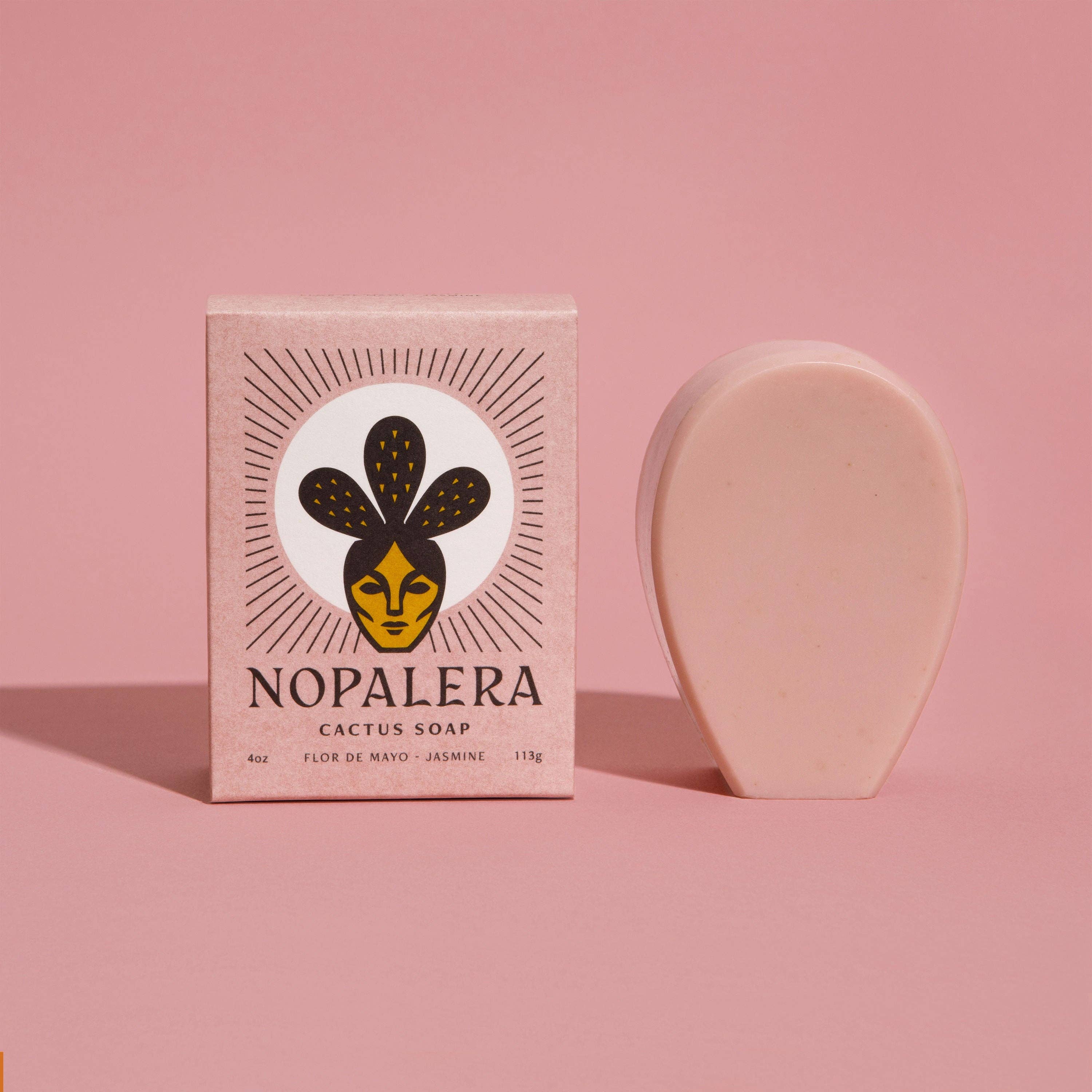 Nopalera cactus soap bar and packaging on a pink background