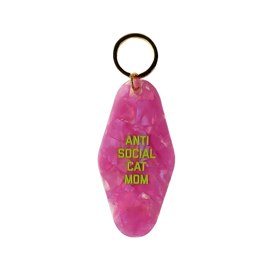 Pink Anti Social Cat Mom motel keychain
