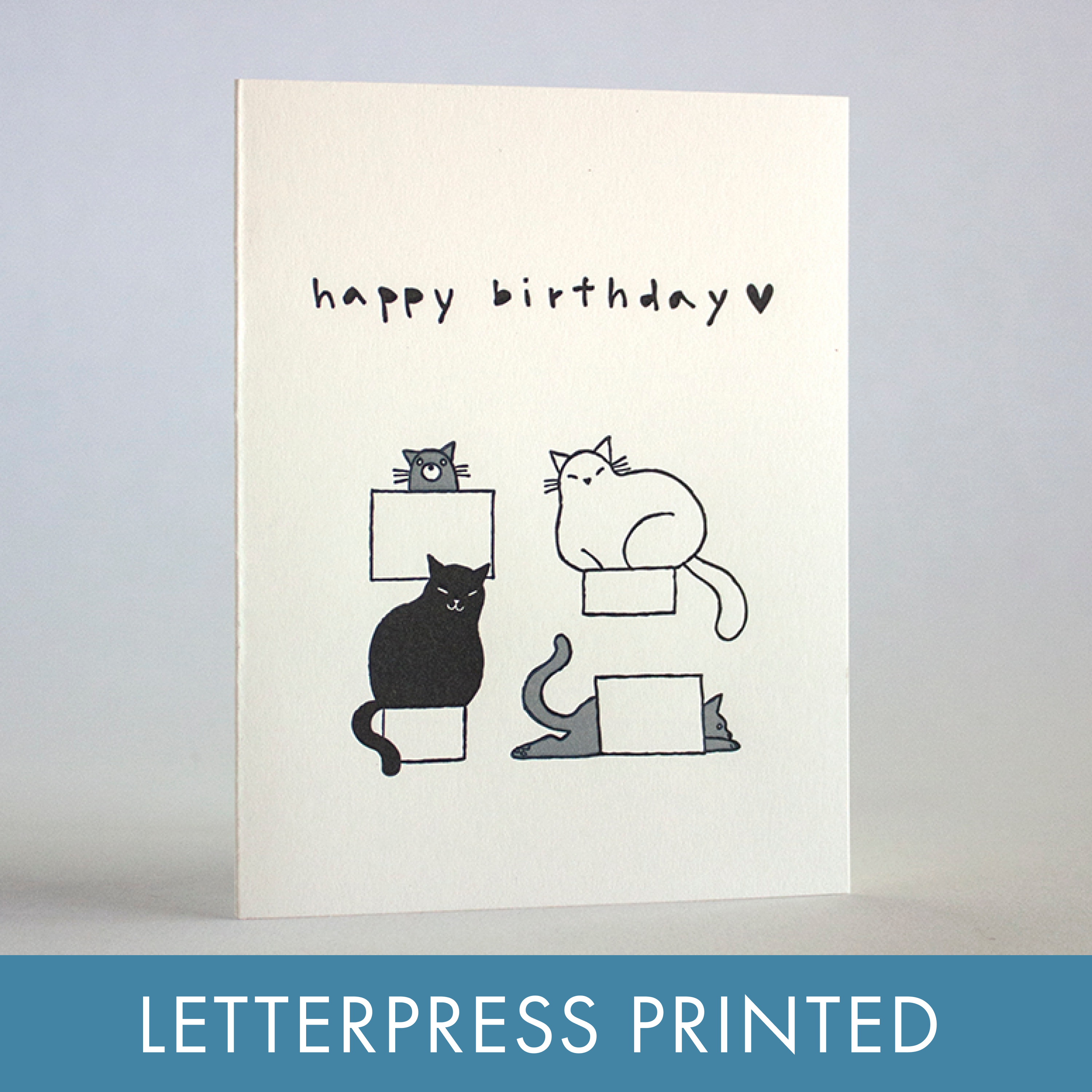 Birthday card with black and white cat illustrations on a light gray background