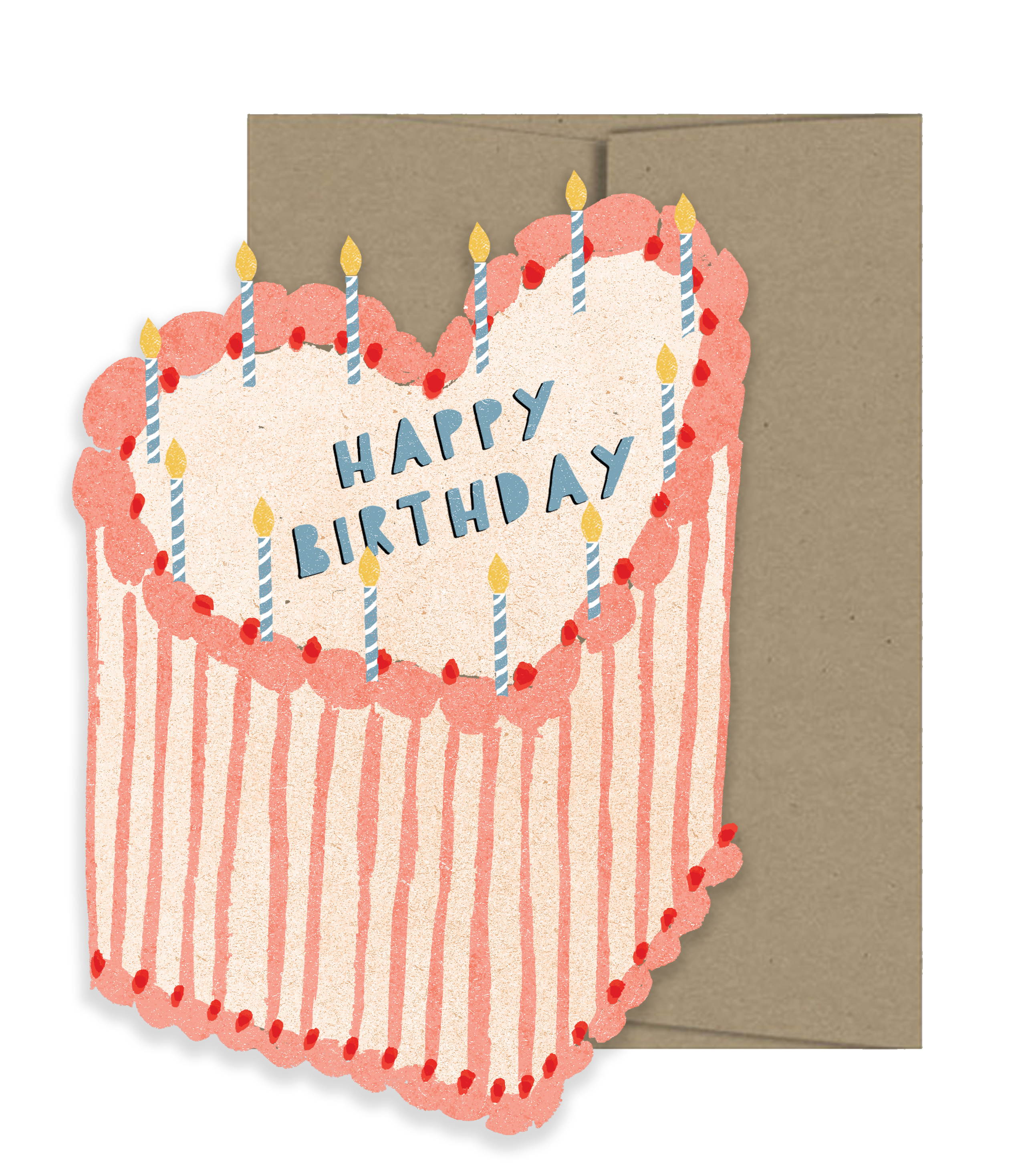Light pink and red heart shaped happy birthday cake card with candles on top and a brown envelope behind it. 