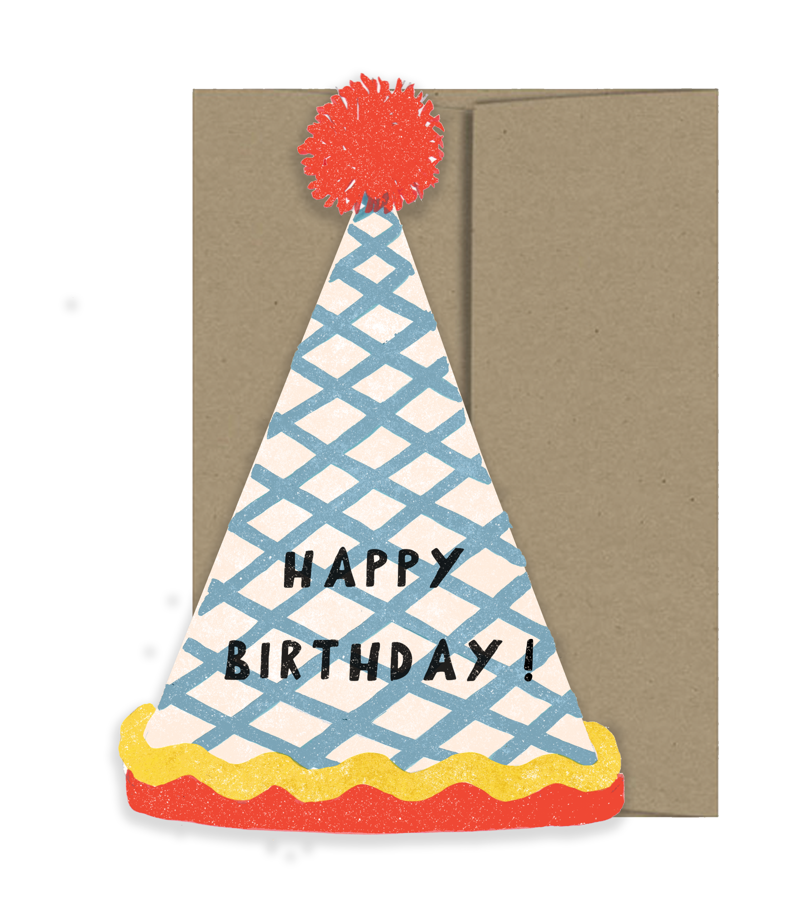Birthday card with a colorful party hat design and 'Happy Birthday!' text.