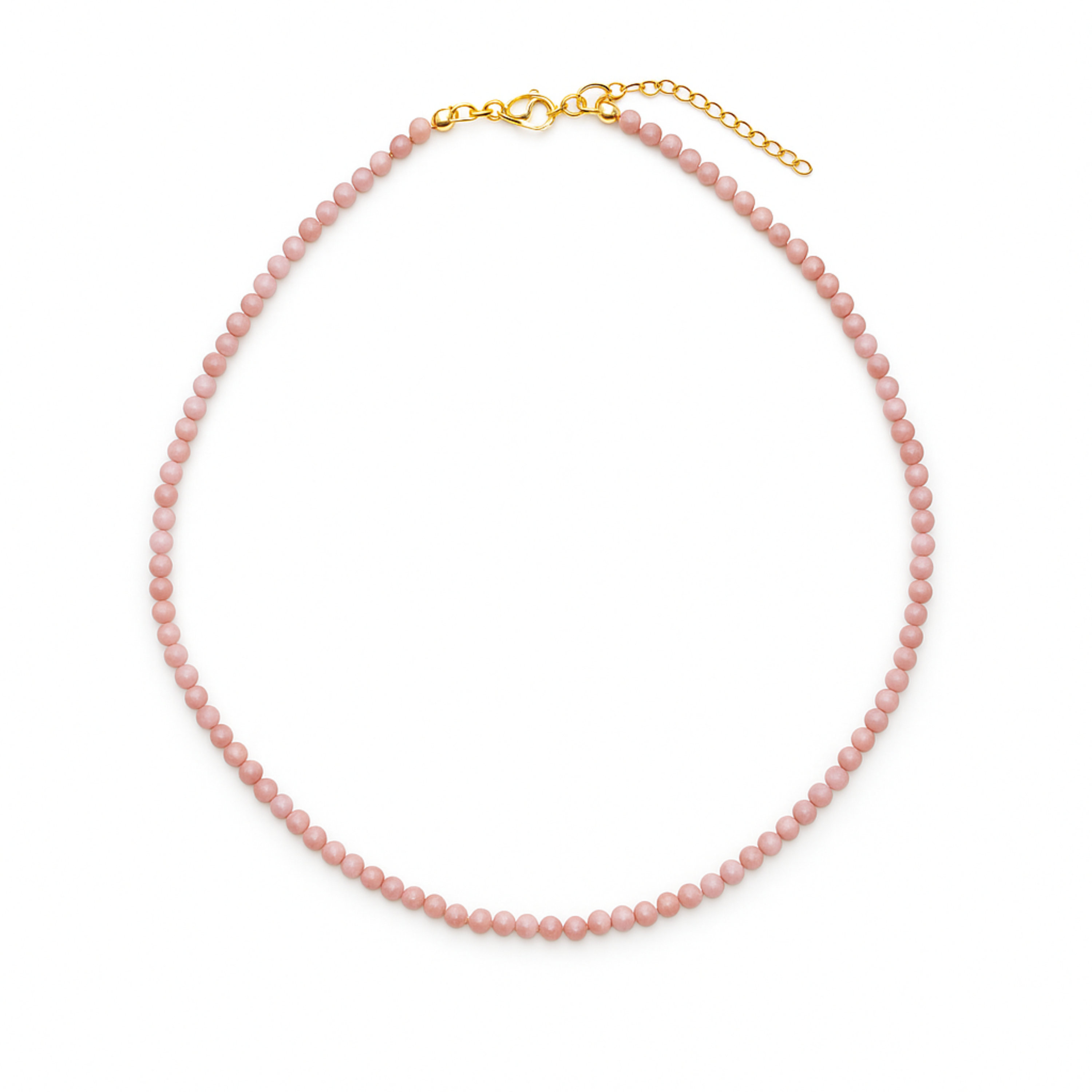 Pink beaded necklace with a gold clasp on a white background