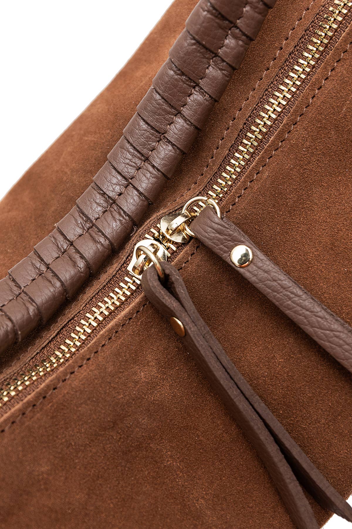 Close up details of Chestnut brown, real suede bag with gold embellished details and multiple strap options 