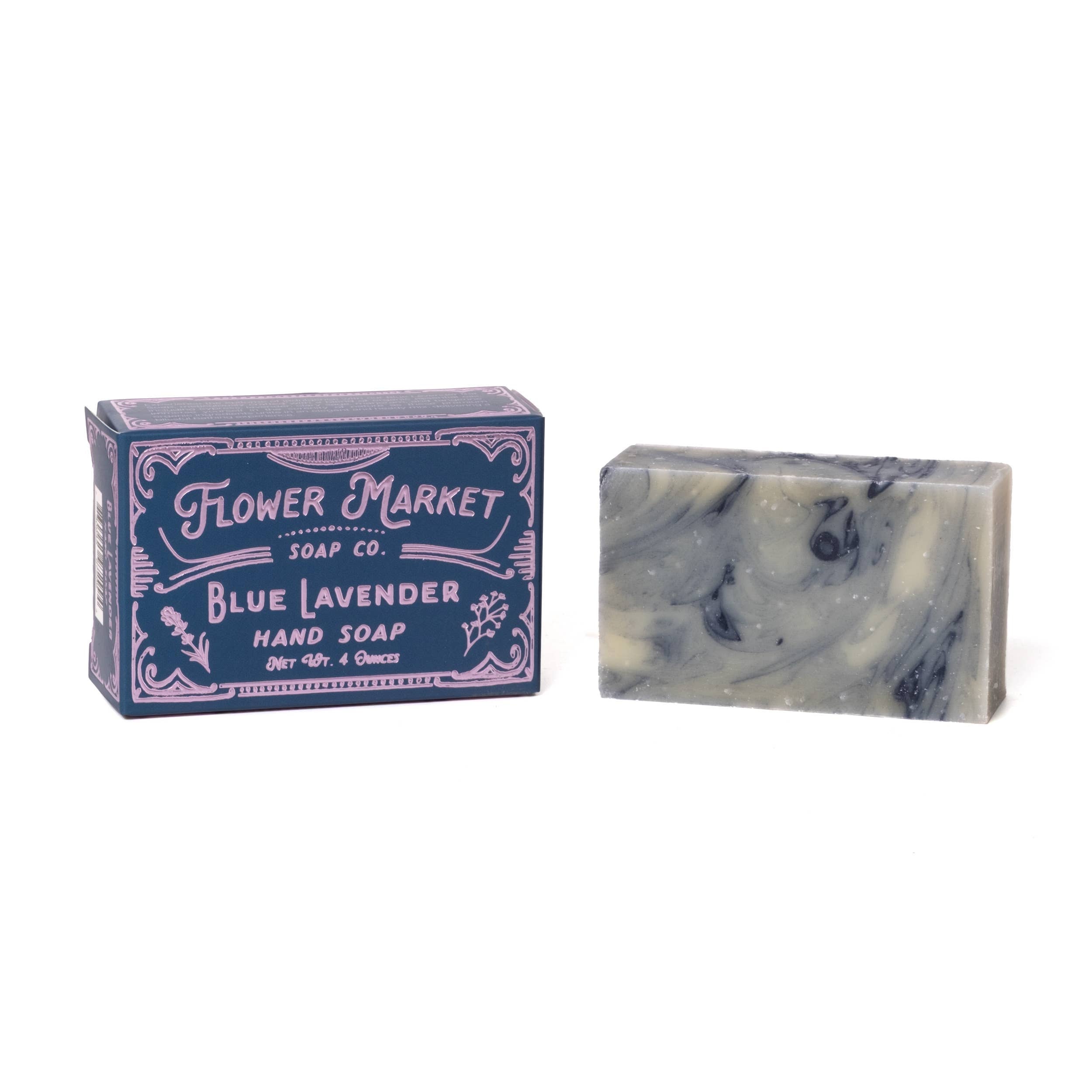 Blue Lavender hand soap from Flower Market Soap Co. with packaging on a white background