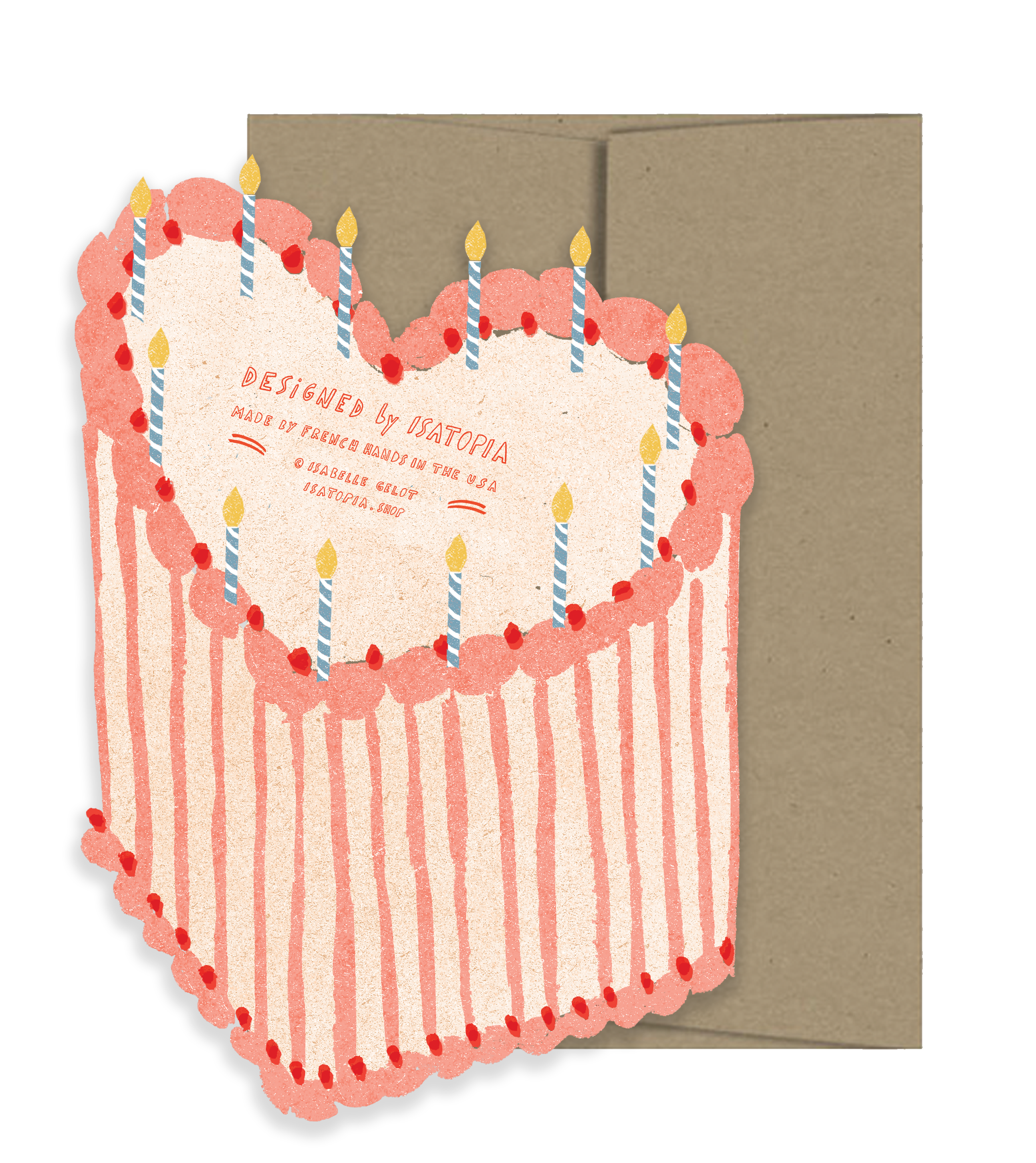 Light pink and red heart shaped happy birthday cake card with candles on top and a brown envelope behind it. 
