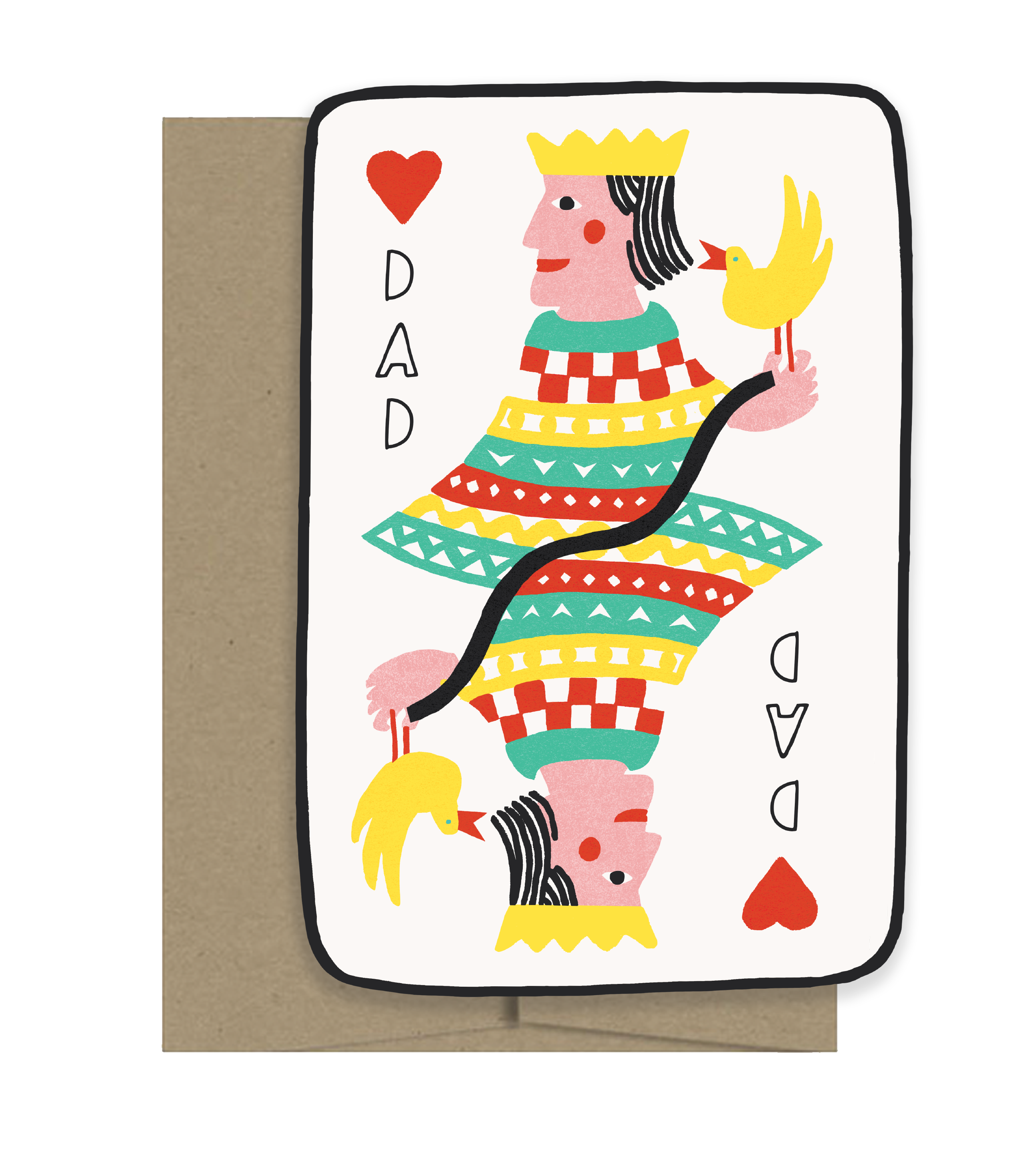 Card with colorful illustration of a character holding a baby chick, labeled 'Dad', on a white background.